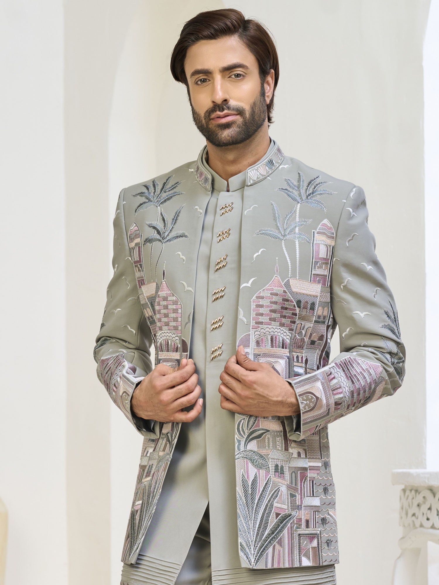 Grey Embroidered Wedding Indo Western