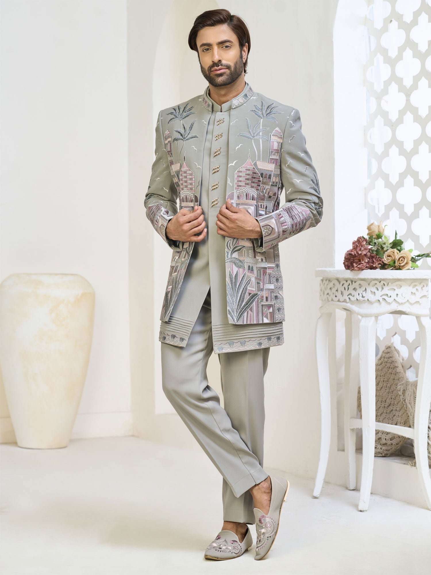 Grey Embroidered Wedding Indo Western