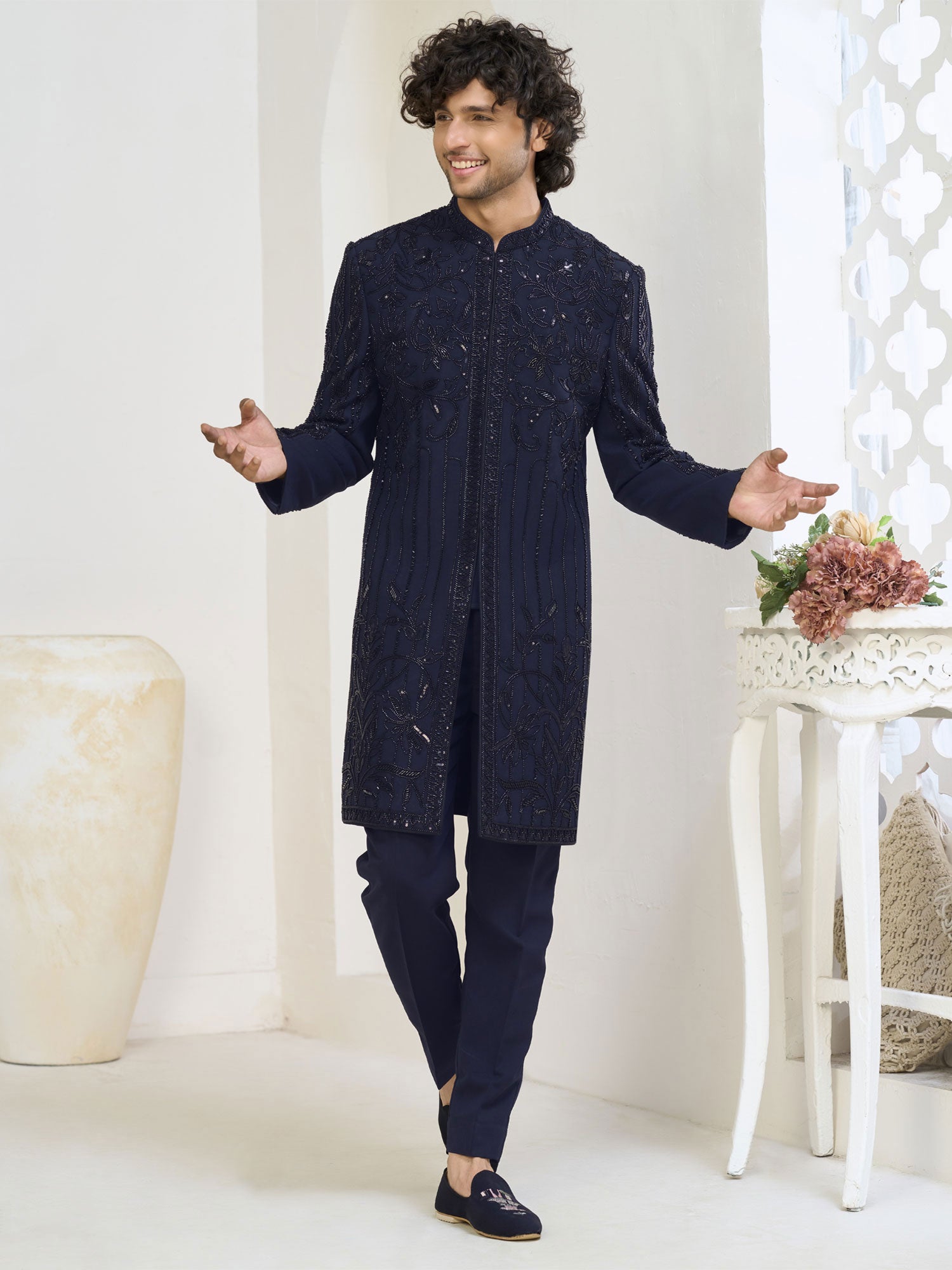Dark Blue Men's Wear Indo Western Set