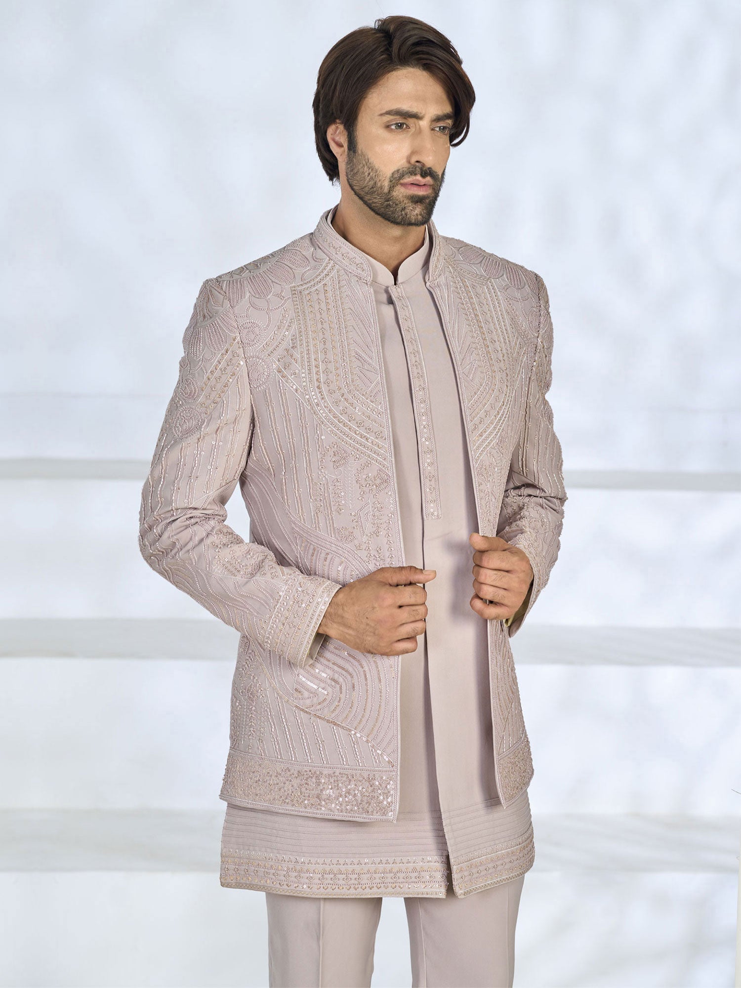 Dusty Pink Embroidered Jacket Style Indowestern