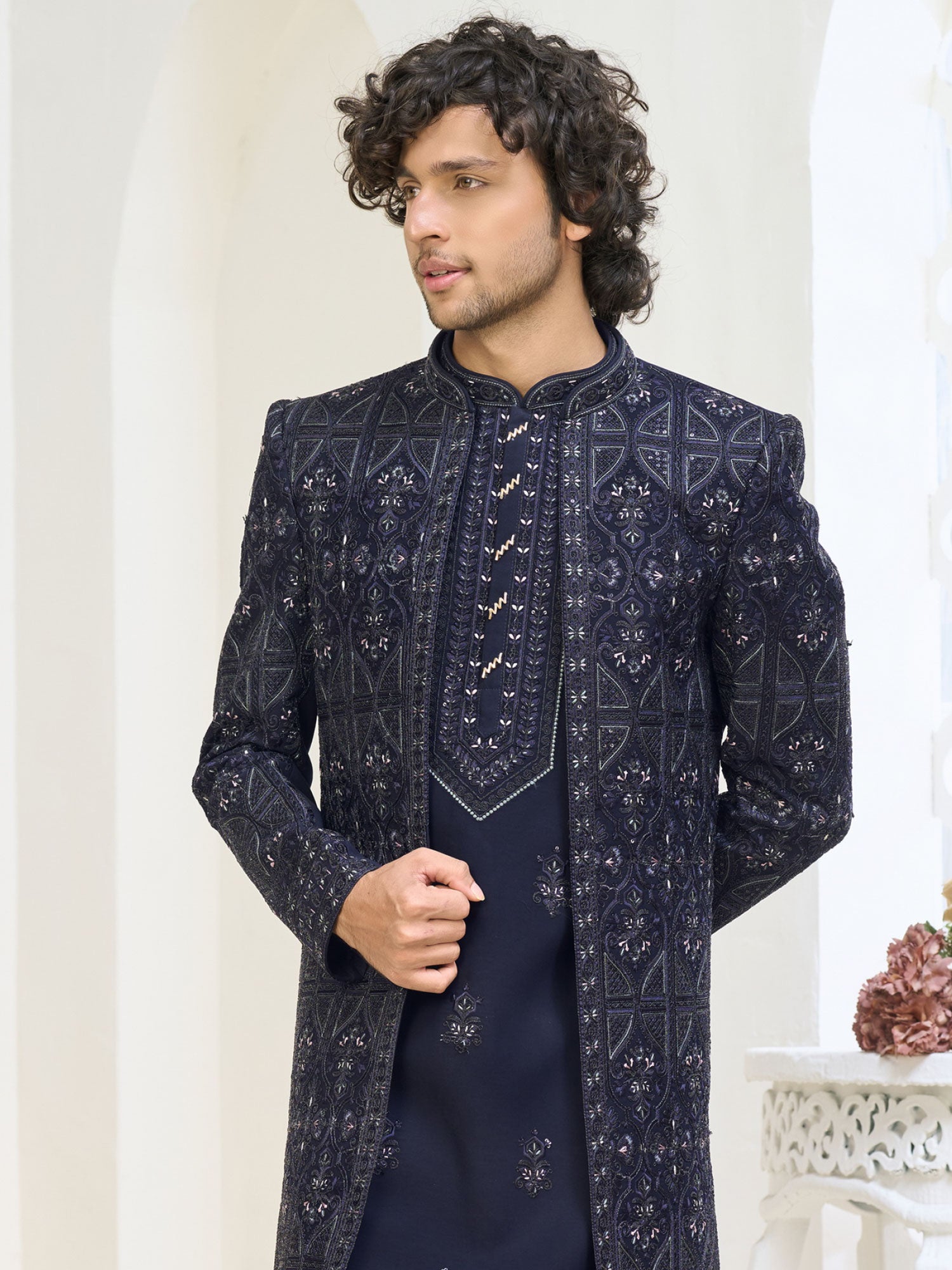 Blue Men's Indo Western With Embroidered Jacket