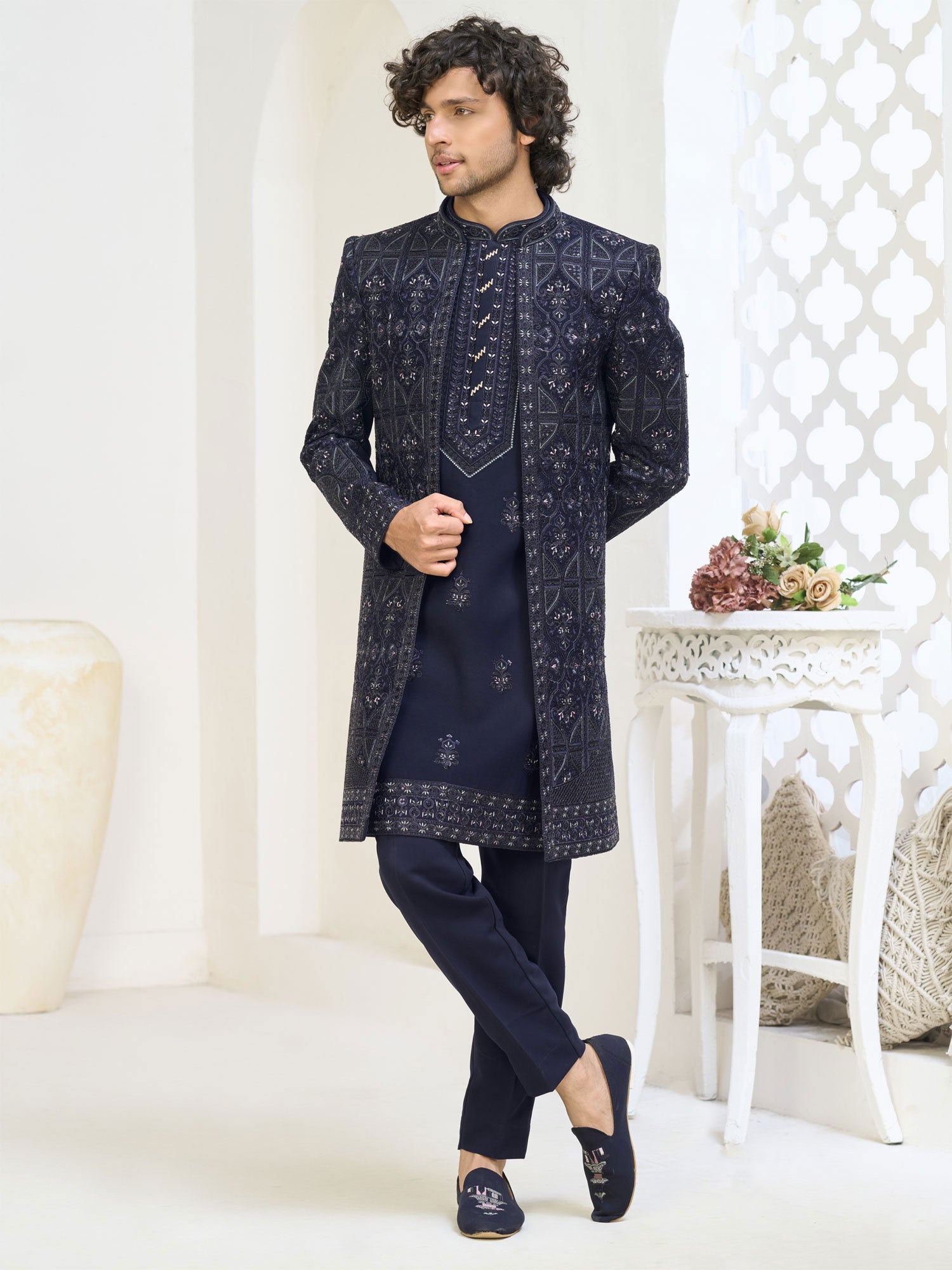 Blue Men's Indo Western With Embroidered Jacket