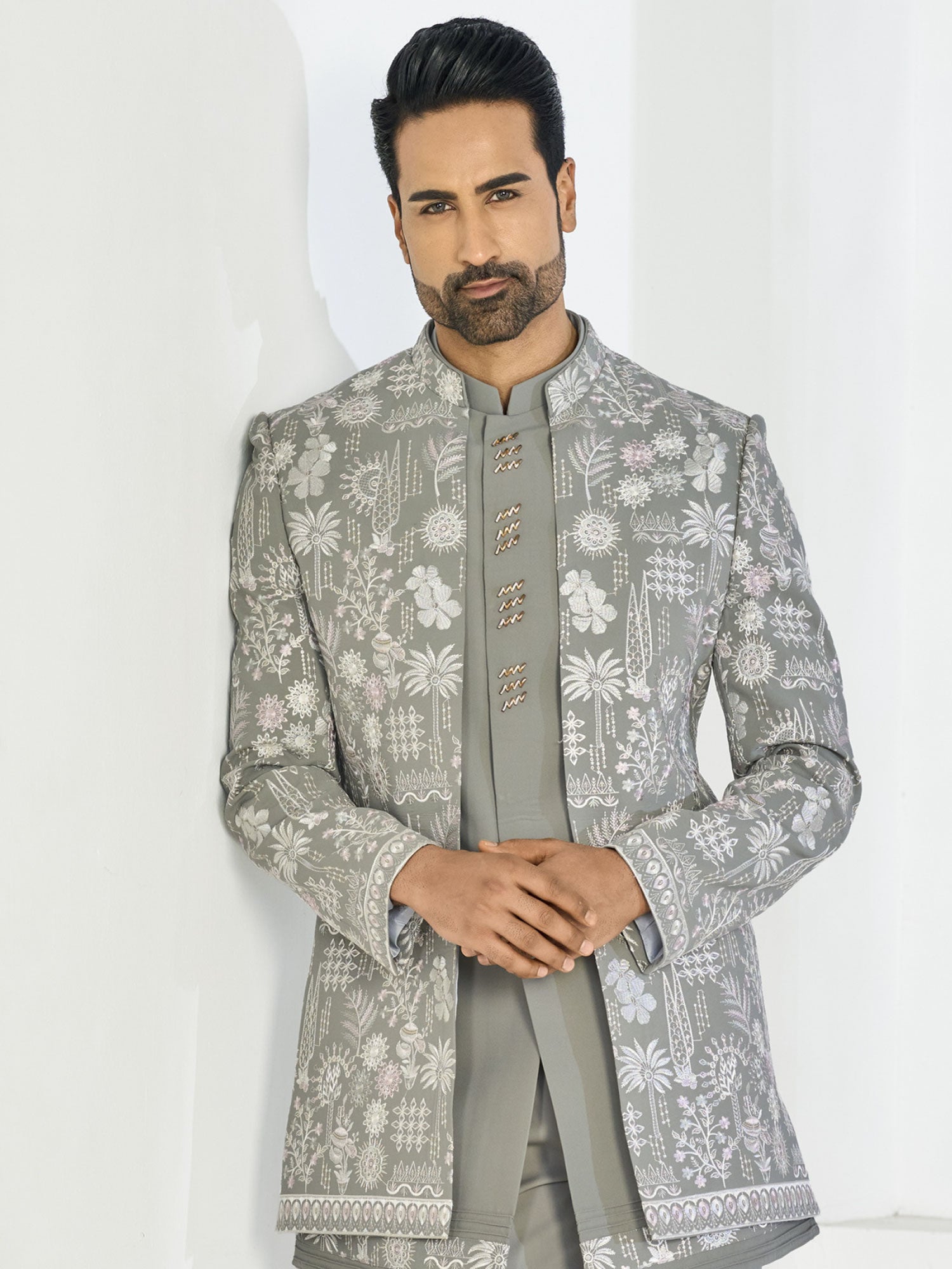 Grey Embroidered Indo Western In Jacket Style