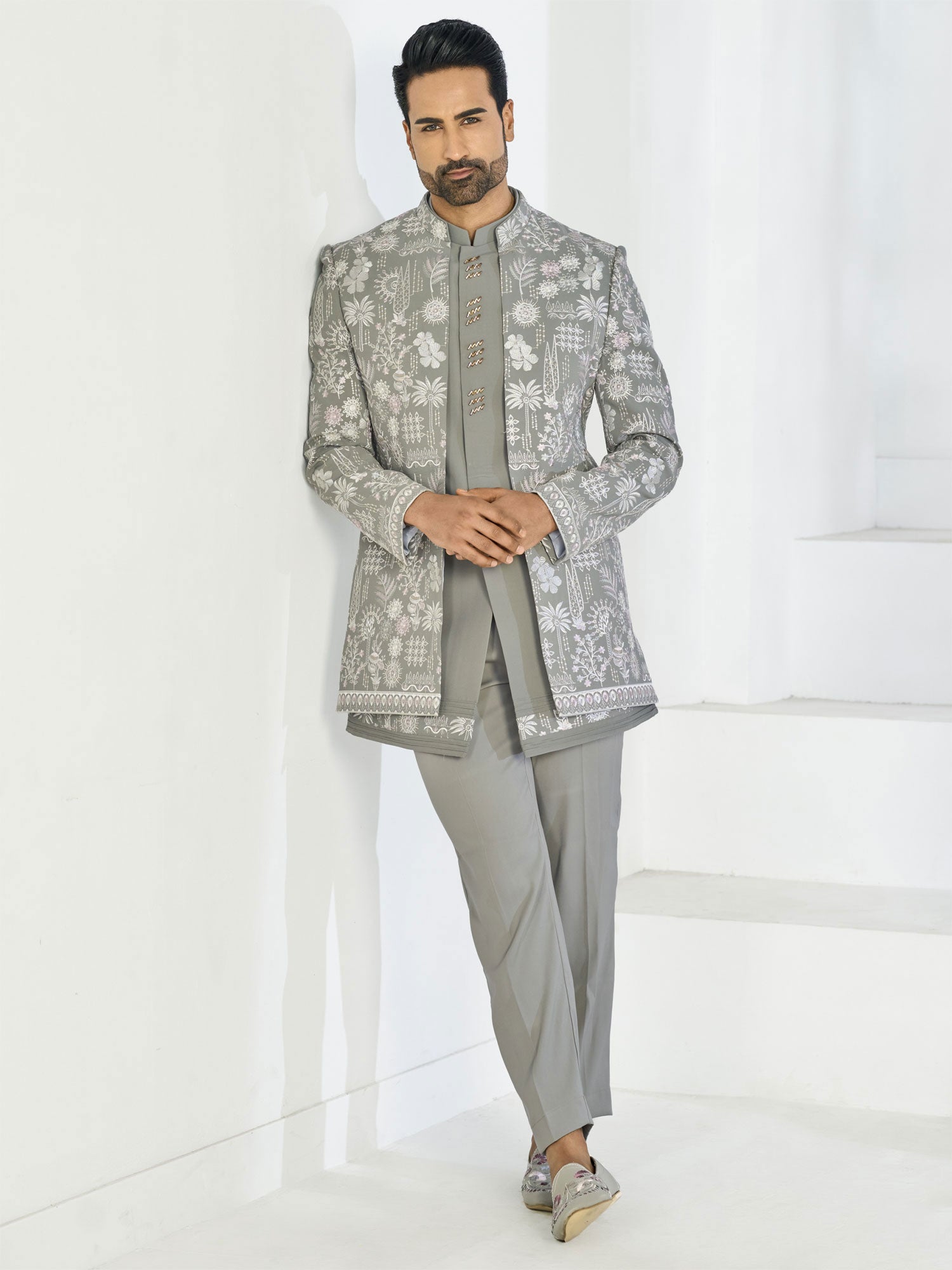 Grey Embroidered Indo Western In Jacket Style