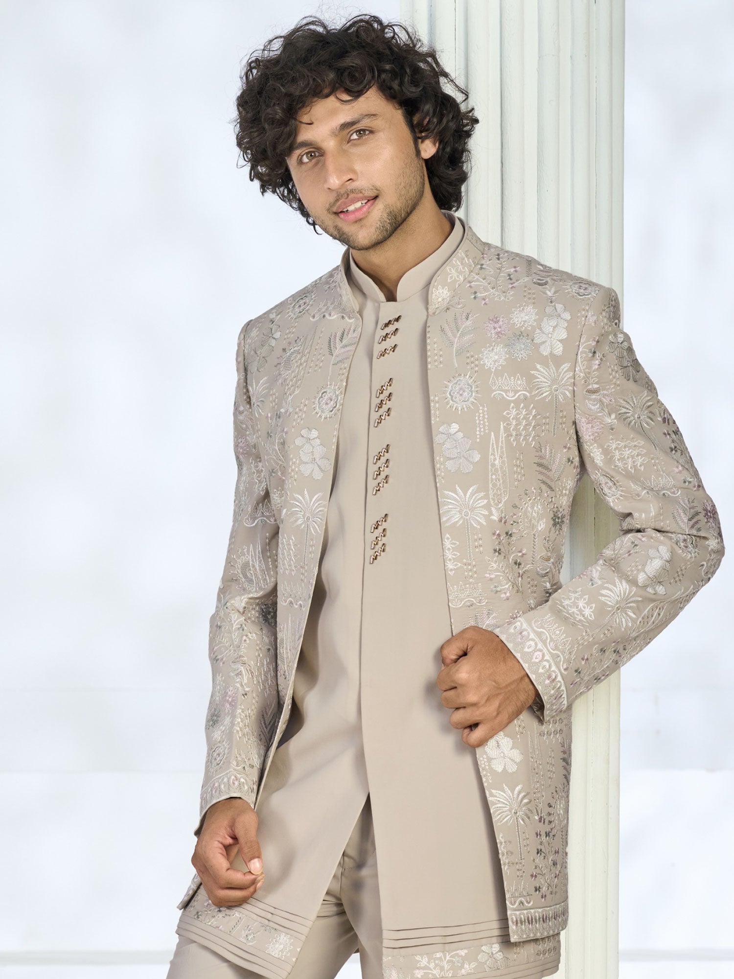 Light Beige Jacket Style Indo Western For Mens