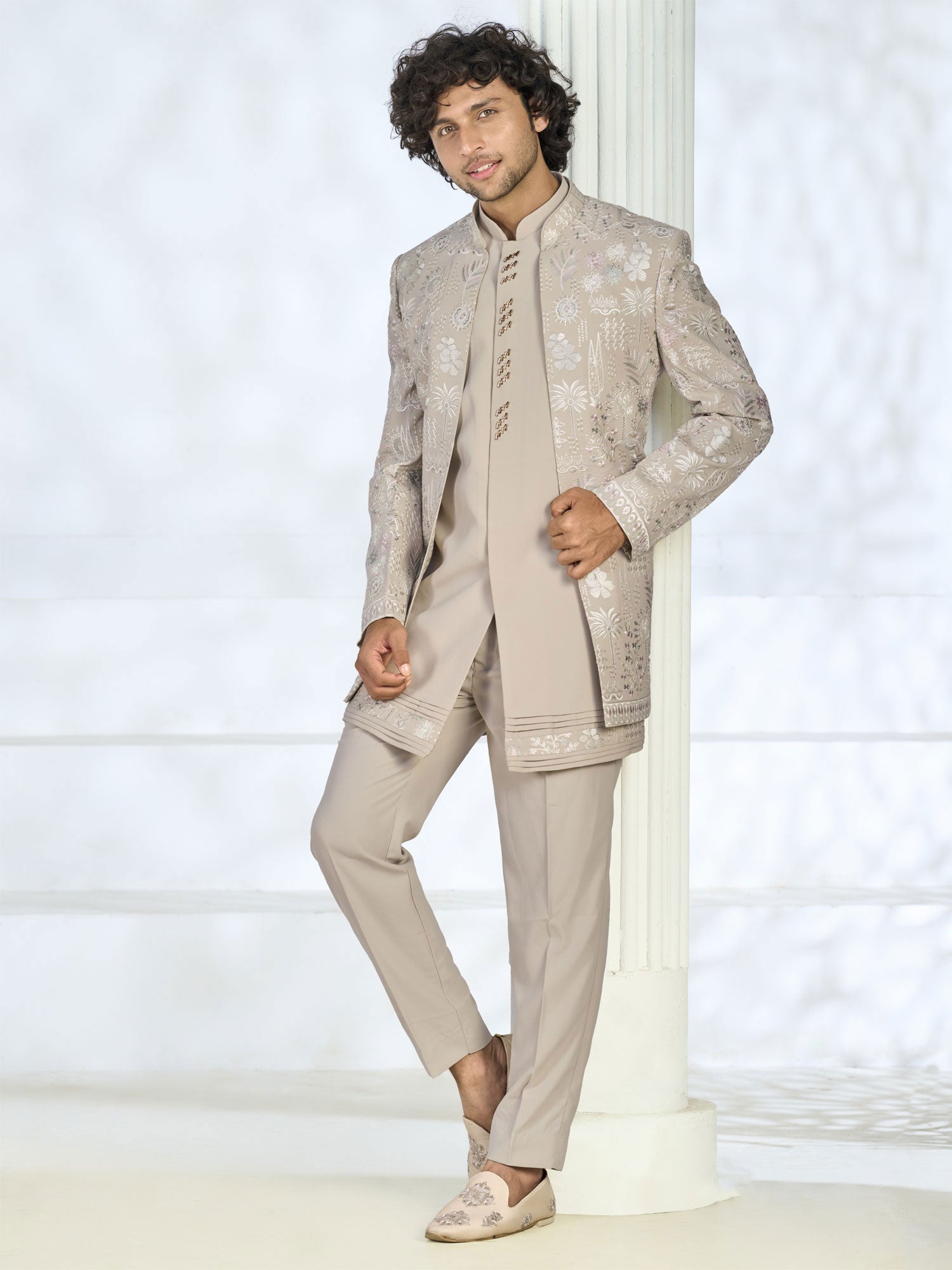 Light Beige Jacket Style Indo Western For Mens