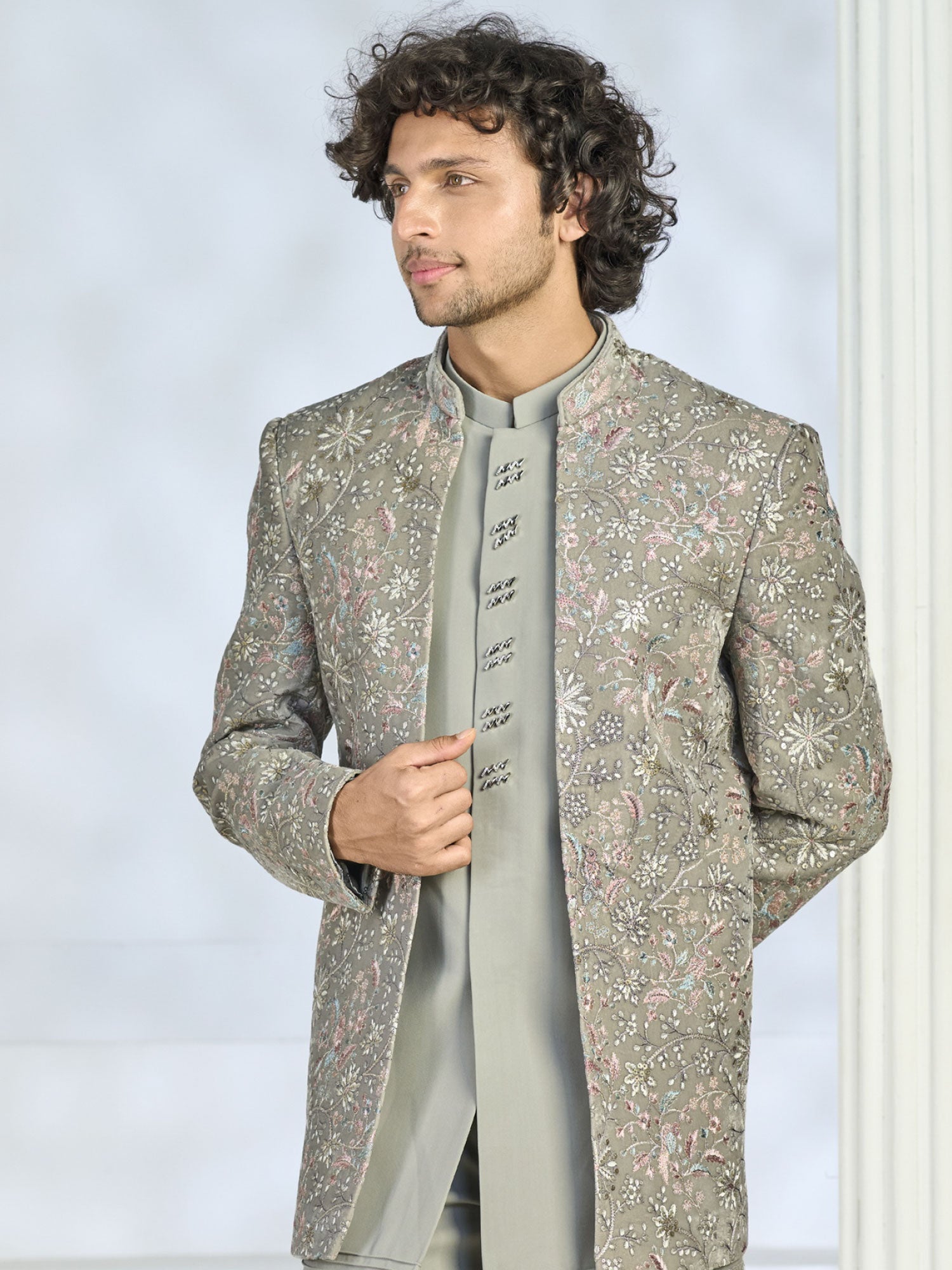 Grey Men's Indowestern With Jacket In Silk