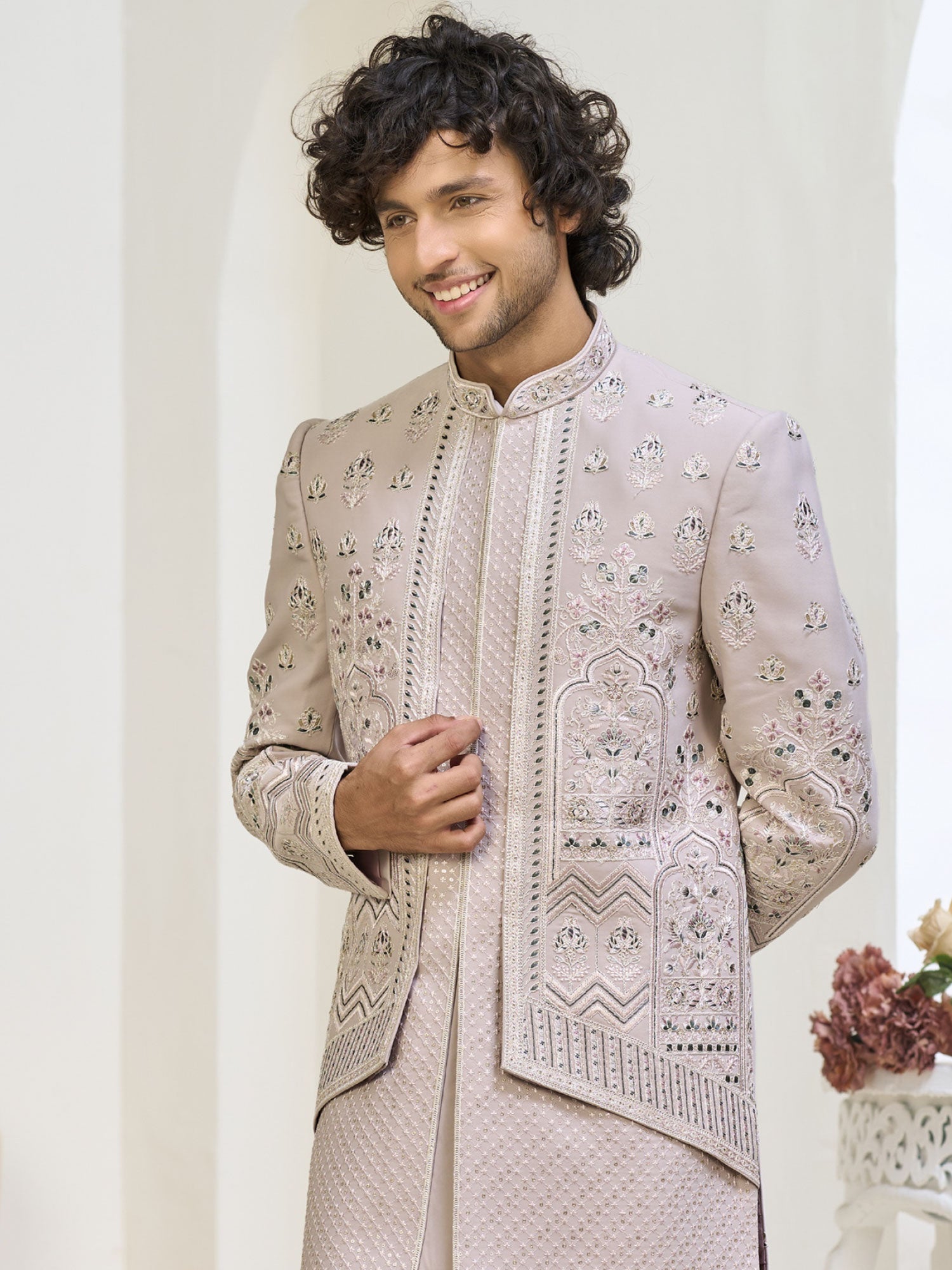 Pastel Pink Layered Style Men's Indowestern