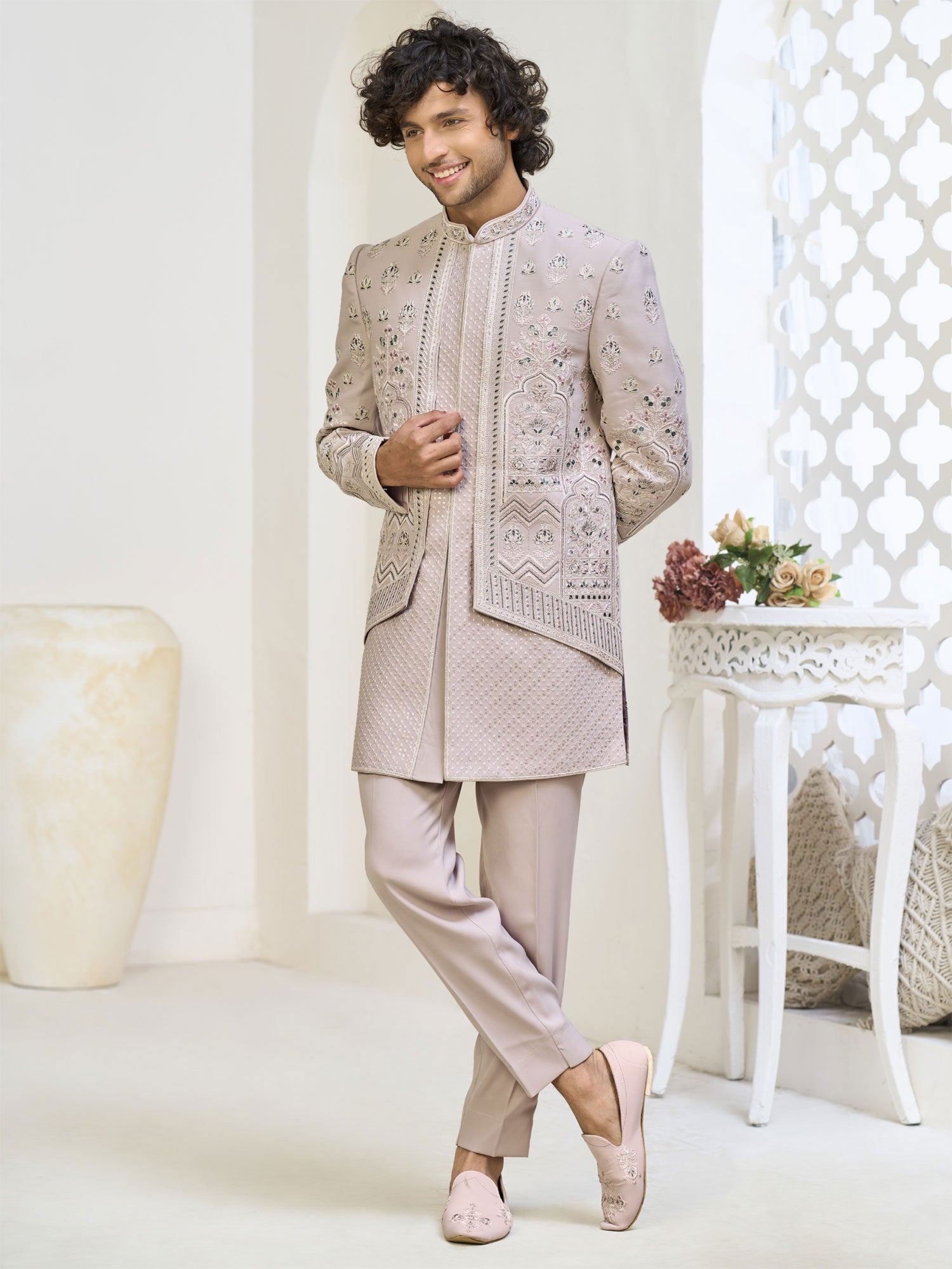 Pastel Pink Layered Style Men's Indowestern
