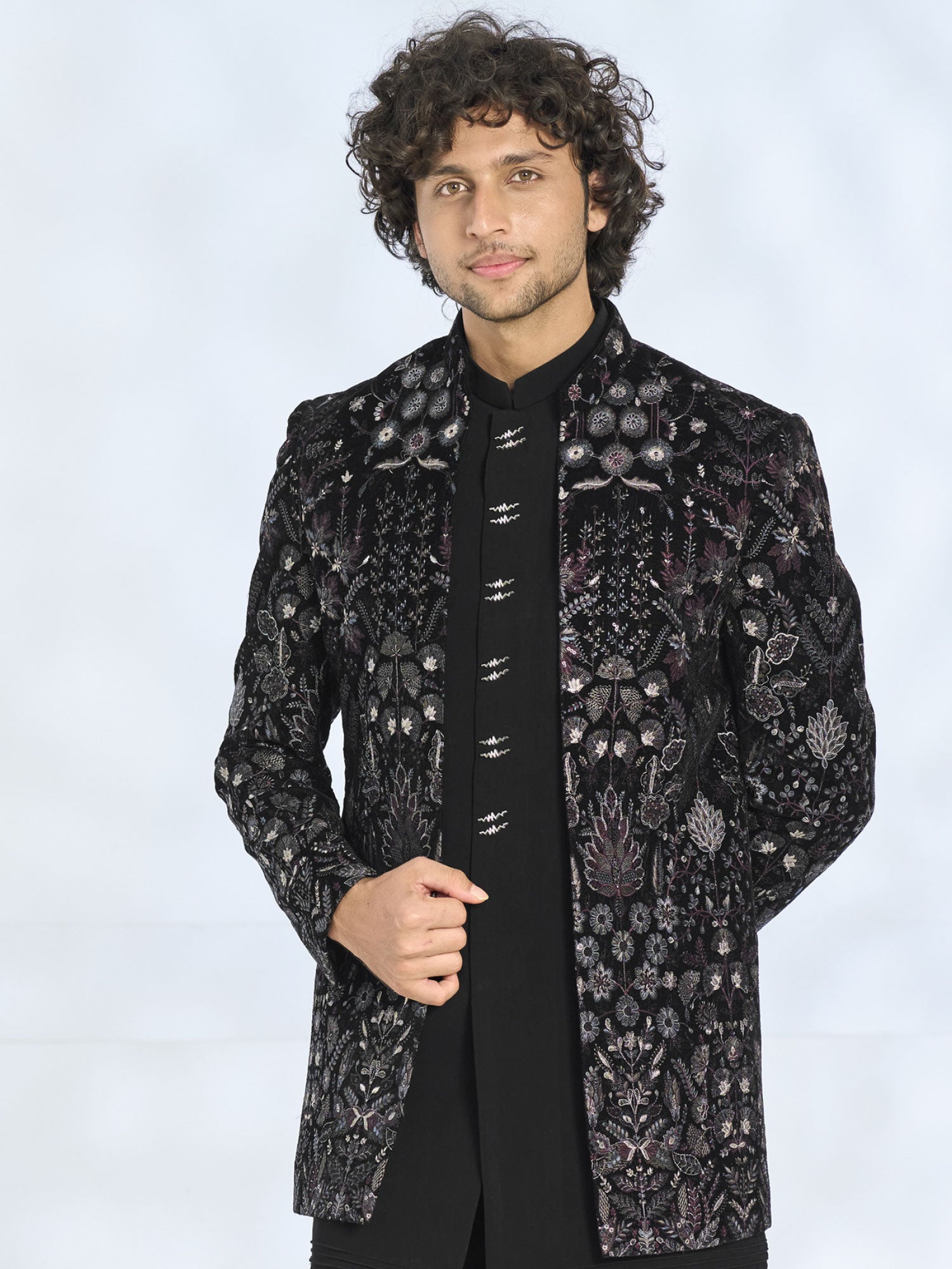Black Menswear Embroidered Indo Western