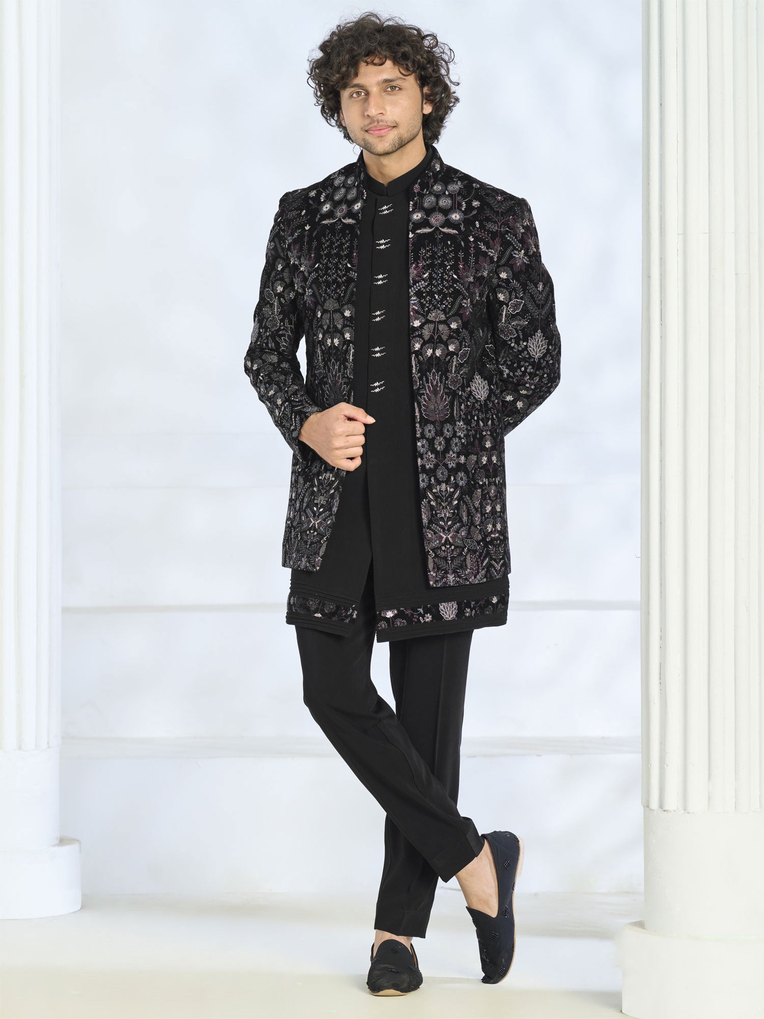 Black Menswear Embroidered Indo Western