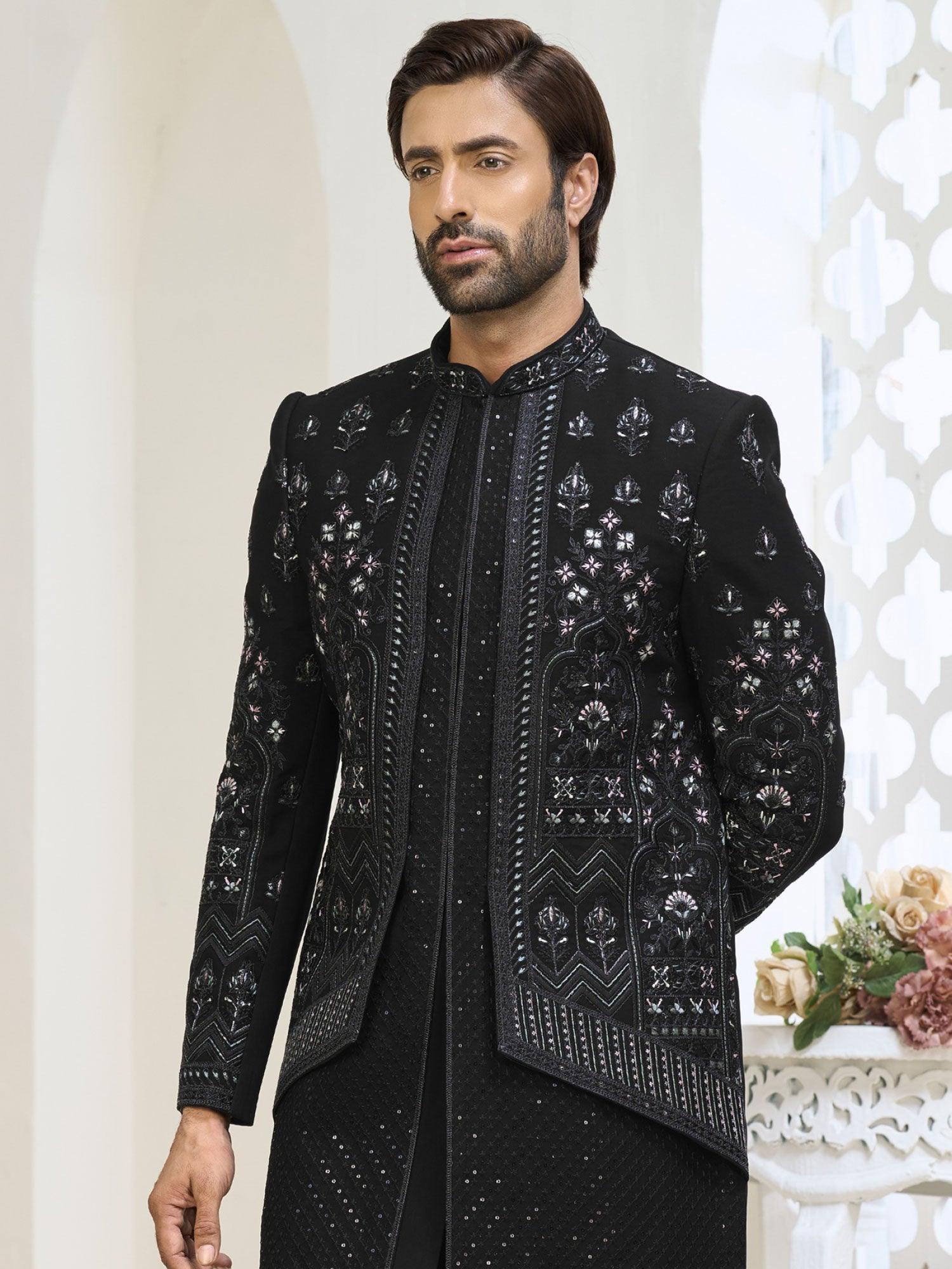 Black Floral Thread Work Wedding Indowestern