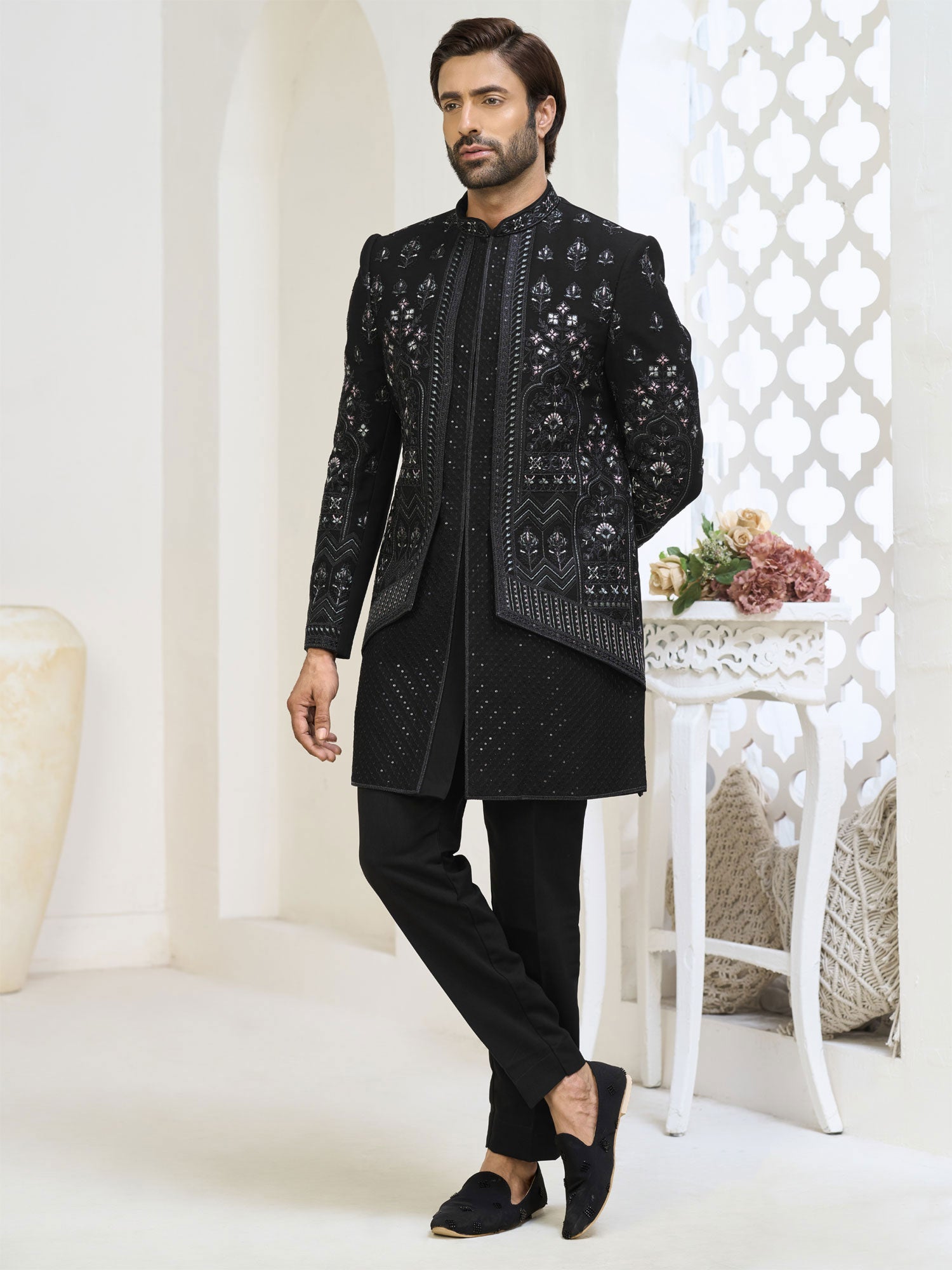 Black Floral Thread Work Wedding Indowestern