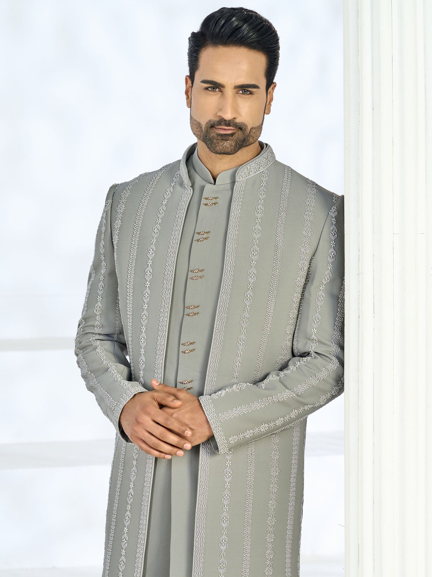 Grey Wedding Indo Western Set With Jacket