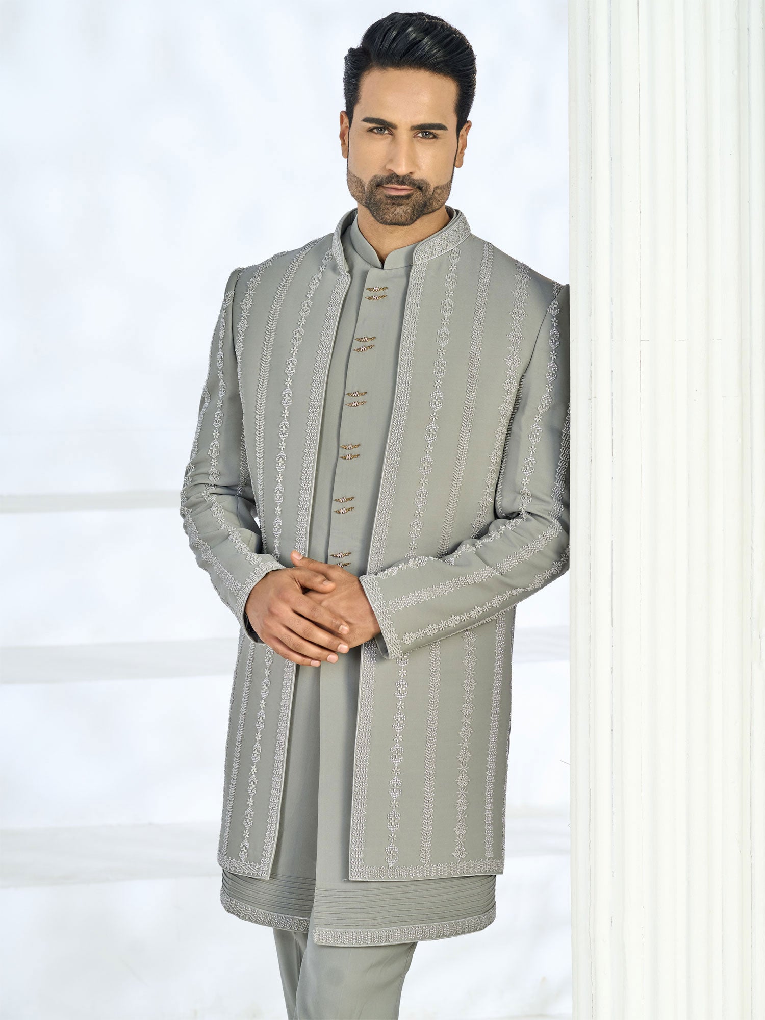 Grey Wedding Indo Western Set With Jacket
