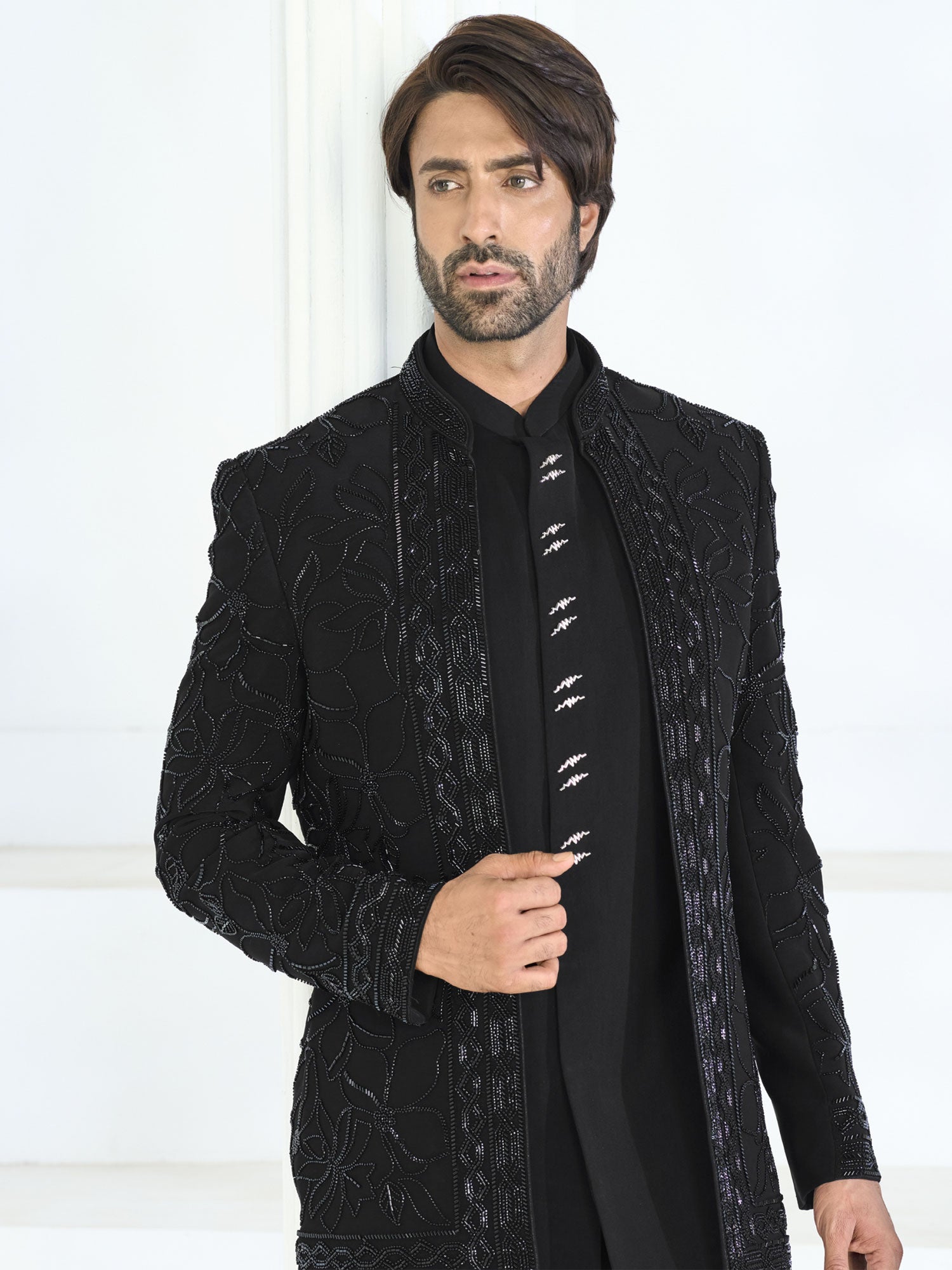 Black Hand Work Embellished Wedding Indowestern