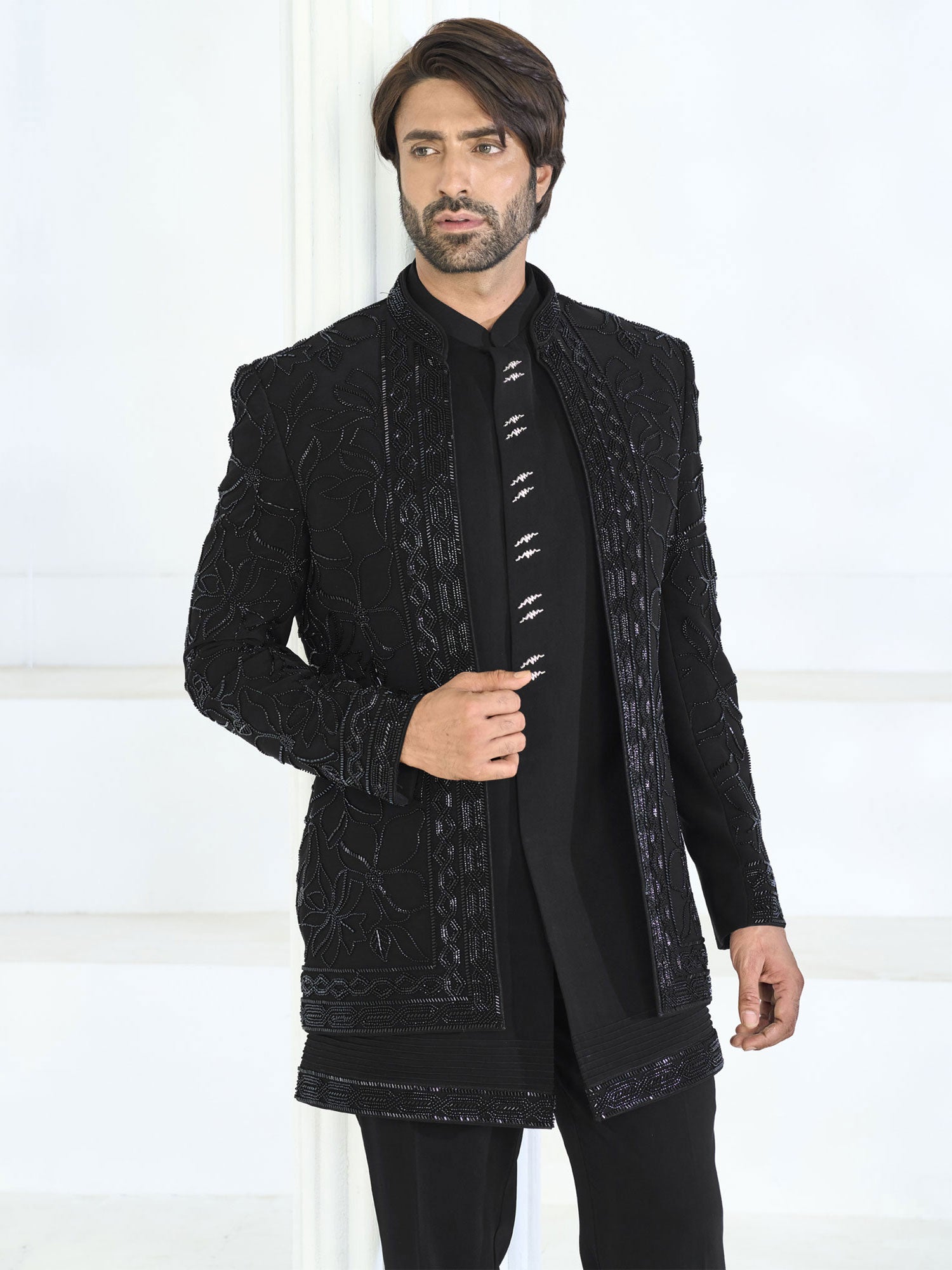 Black Hand Work Embellished Wedding Indowestern