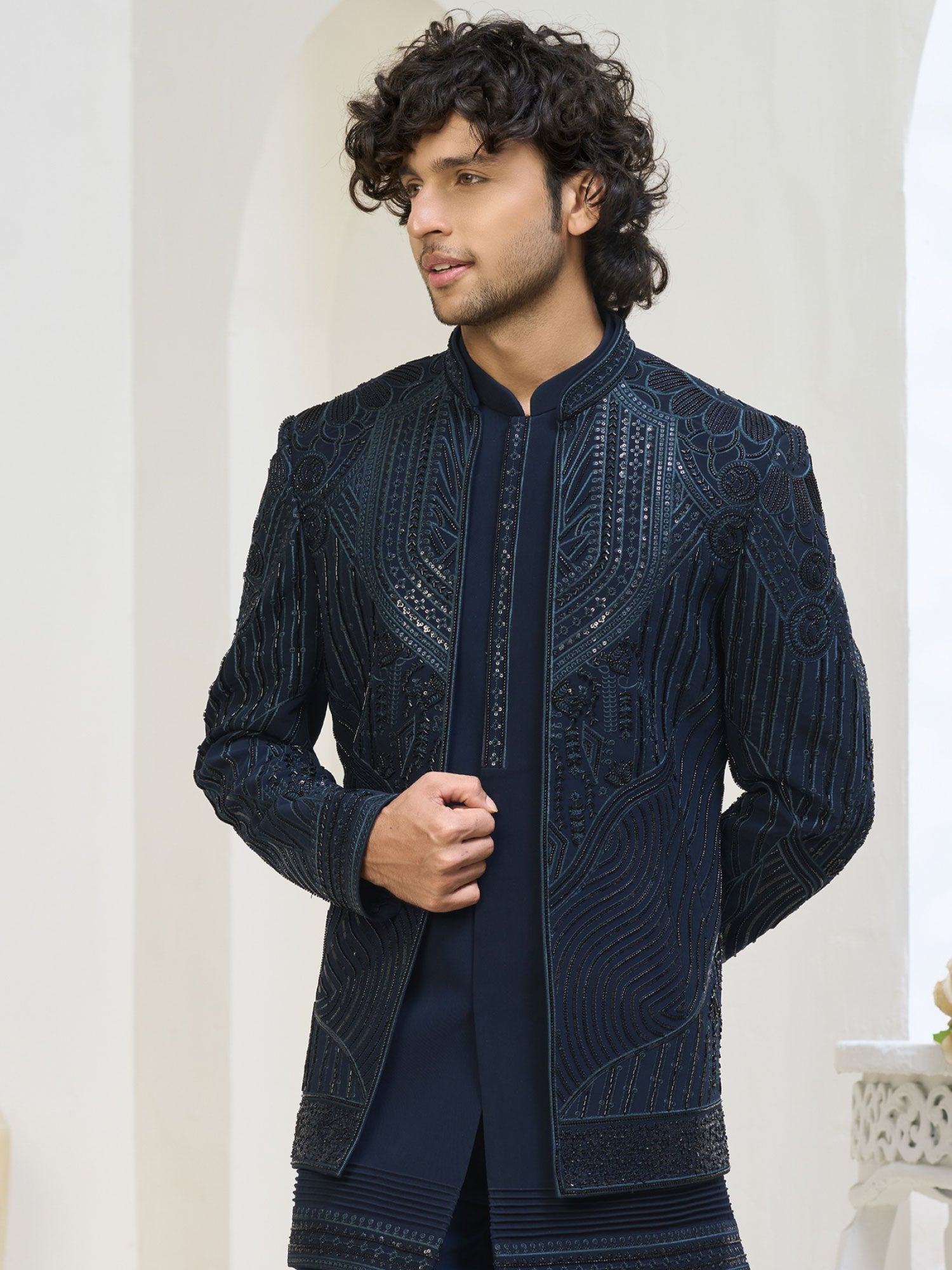 Blue Wedding Indowestern In Sequins Work