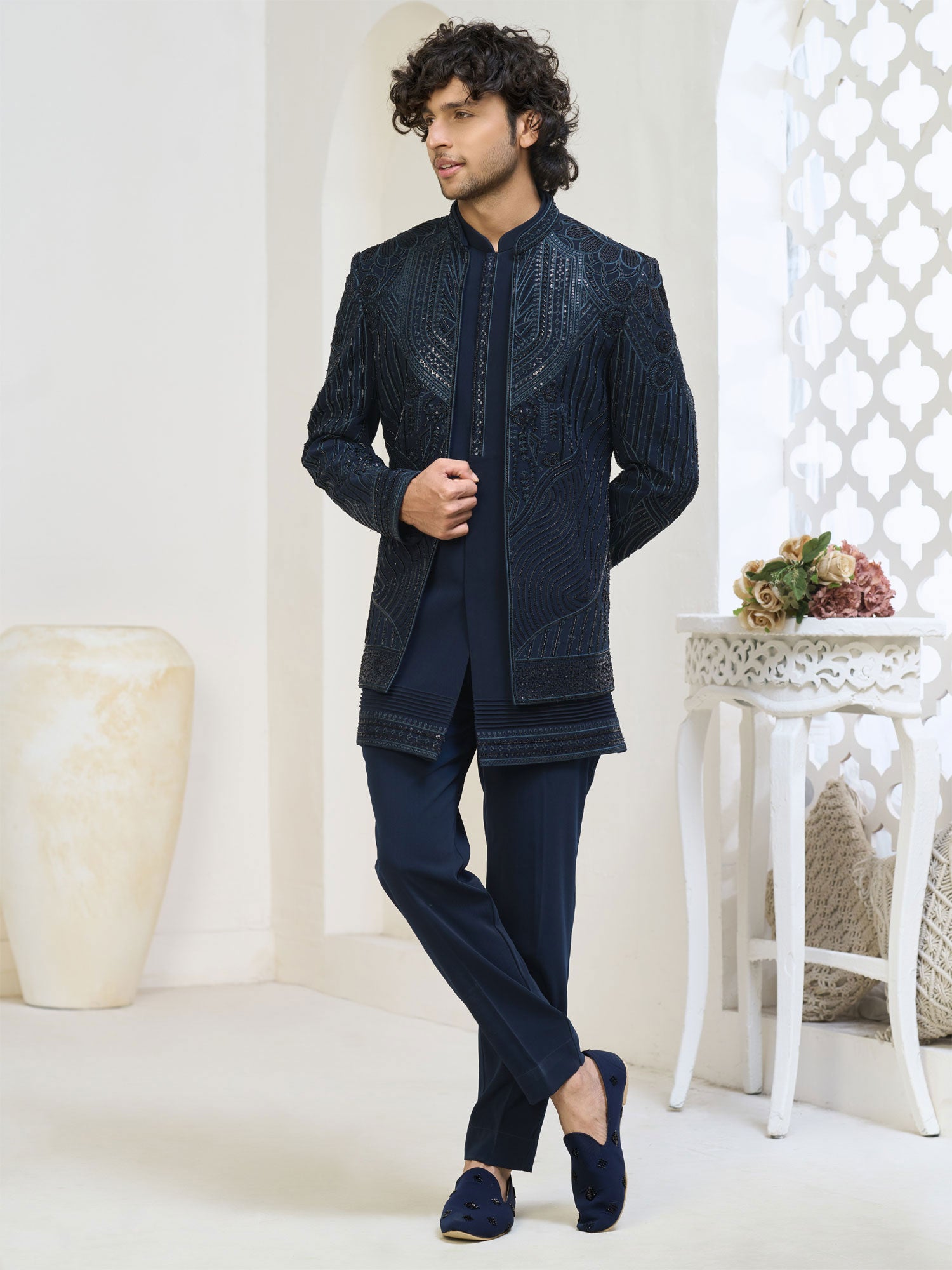 Blue Wedding Indowestern In Sequins Work