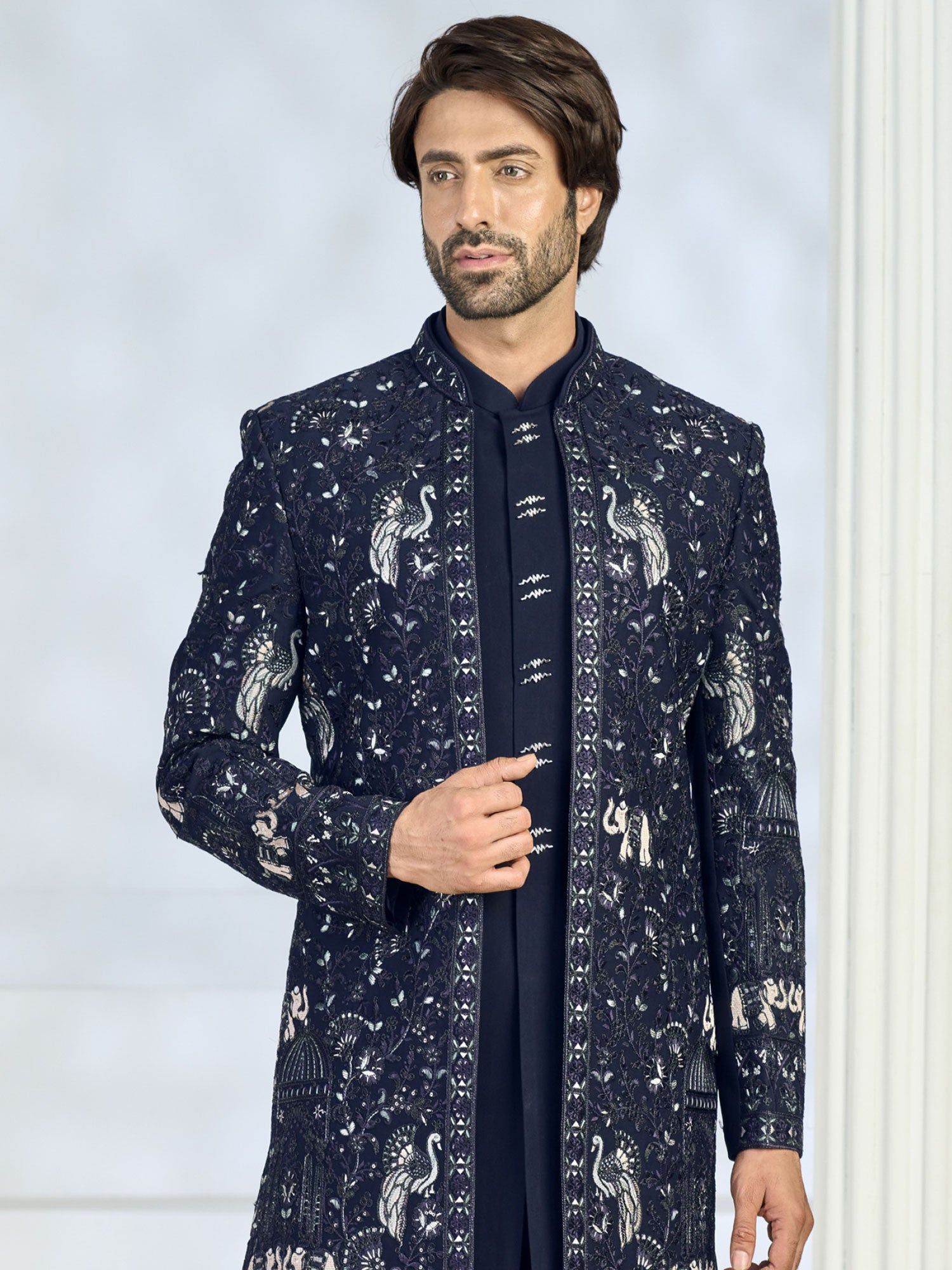 Blue Jacket Style Indo Western In Thread Work