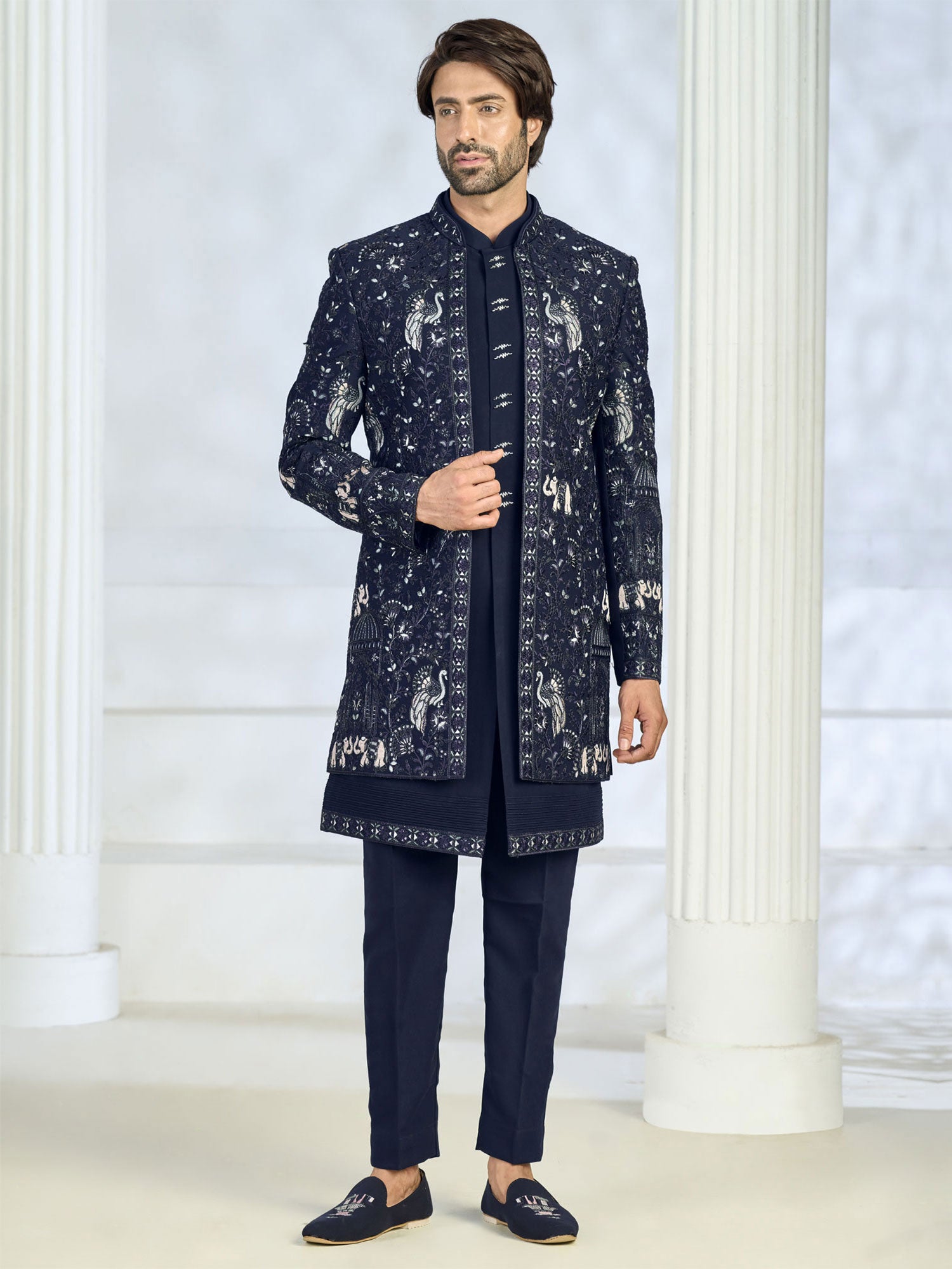 Blue Jacket Style Indo Western In Thread Work