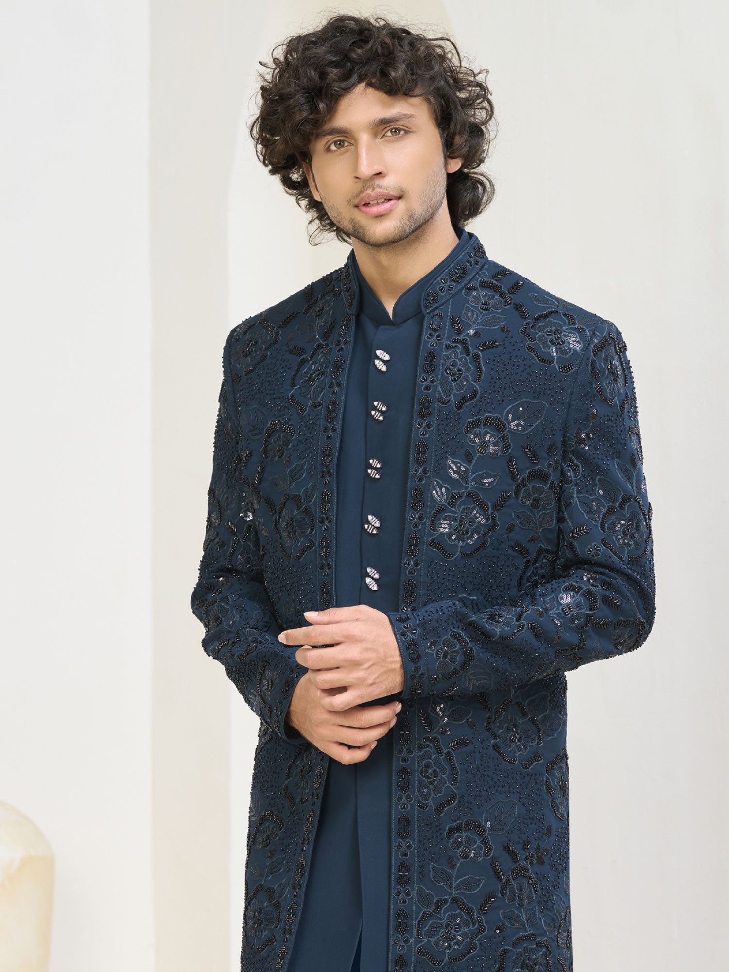 Teal Blue Floral Thread Work Silk Indo Western
