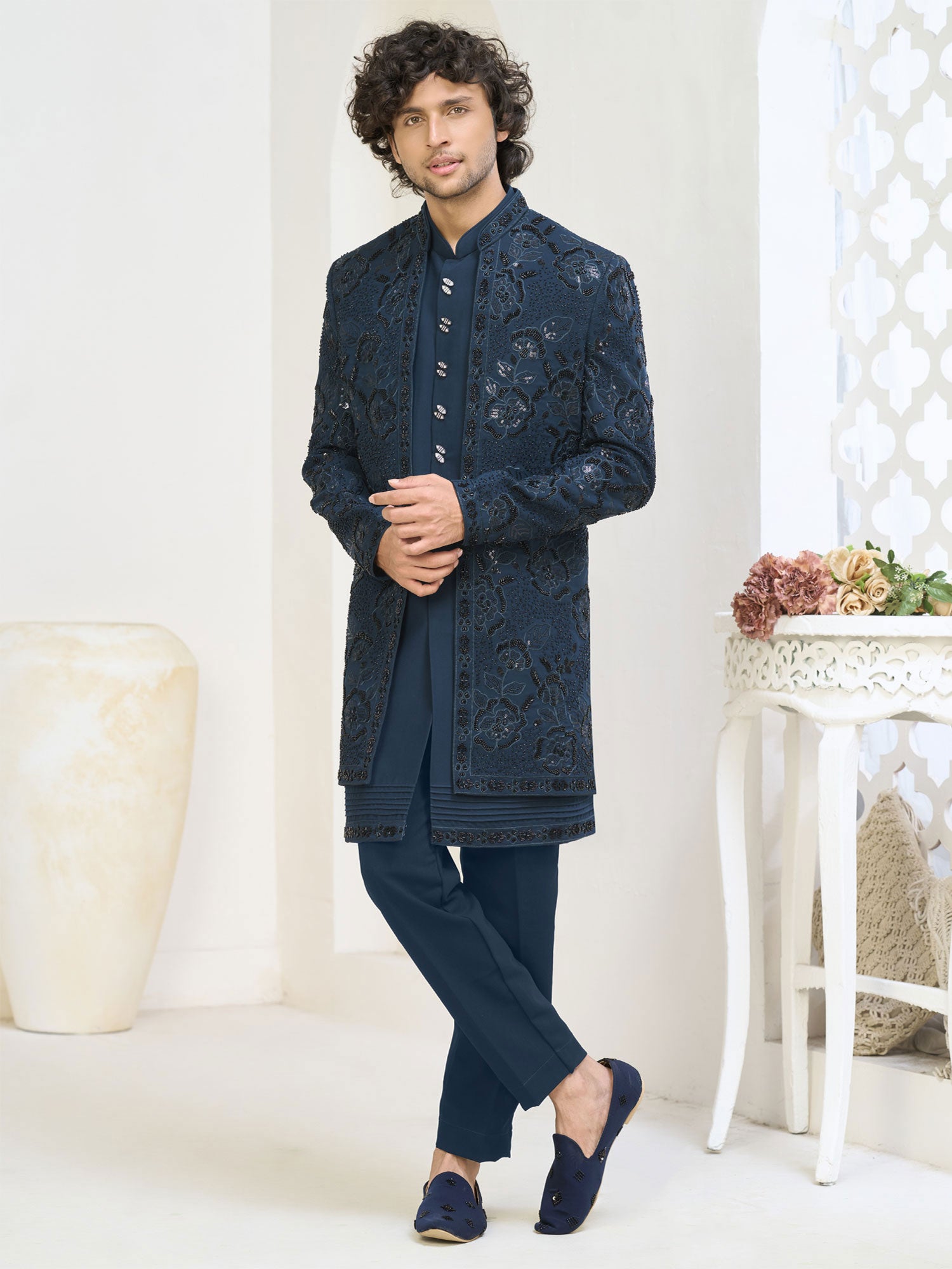 Teal Blue Floral Thread Work Silk Indo Western