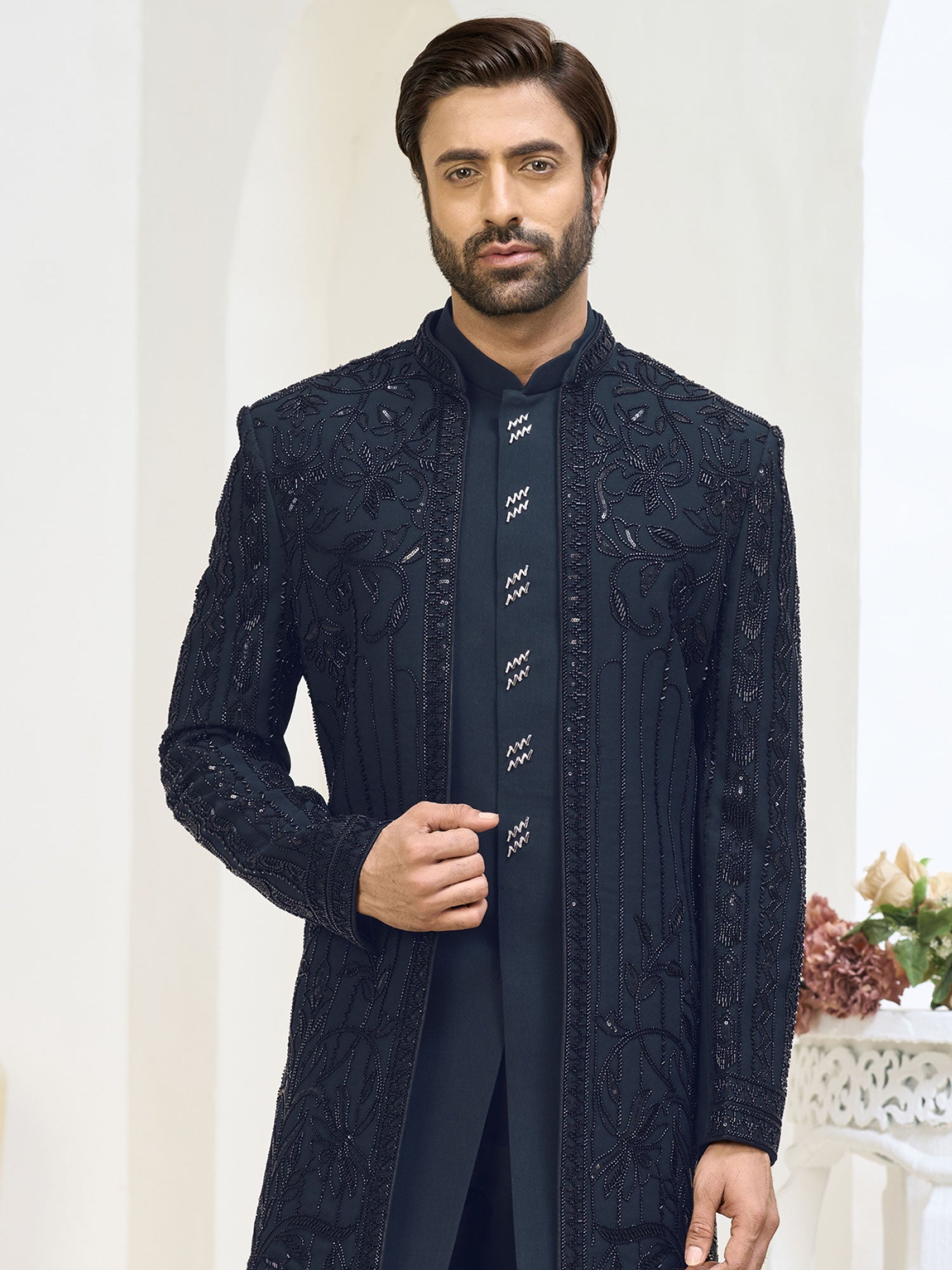 Blue Men's Indo Western With Layered Style Jacket