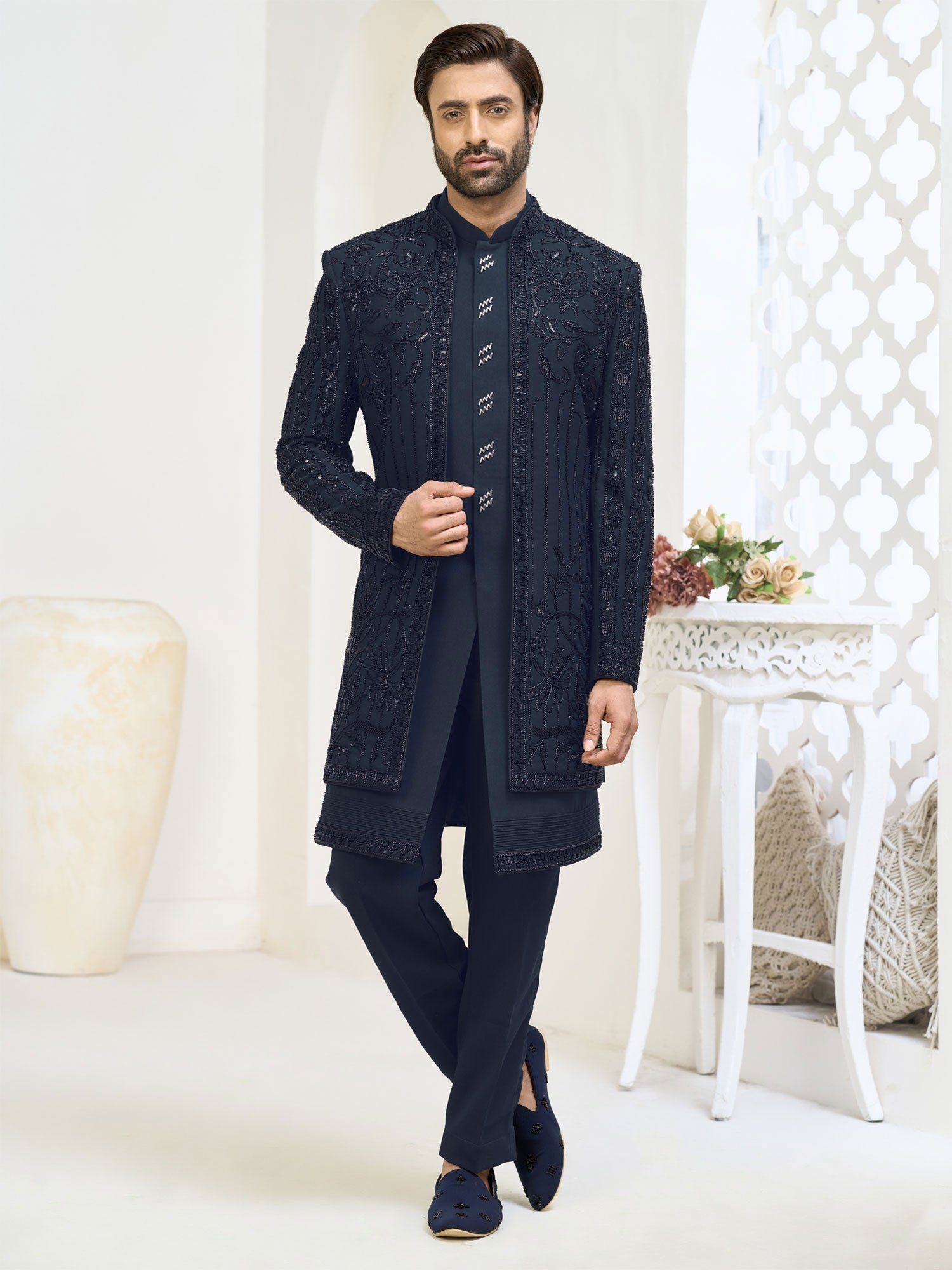 Blue Men's Indo Western With Layered Style Jacket