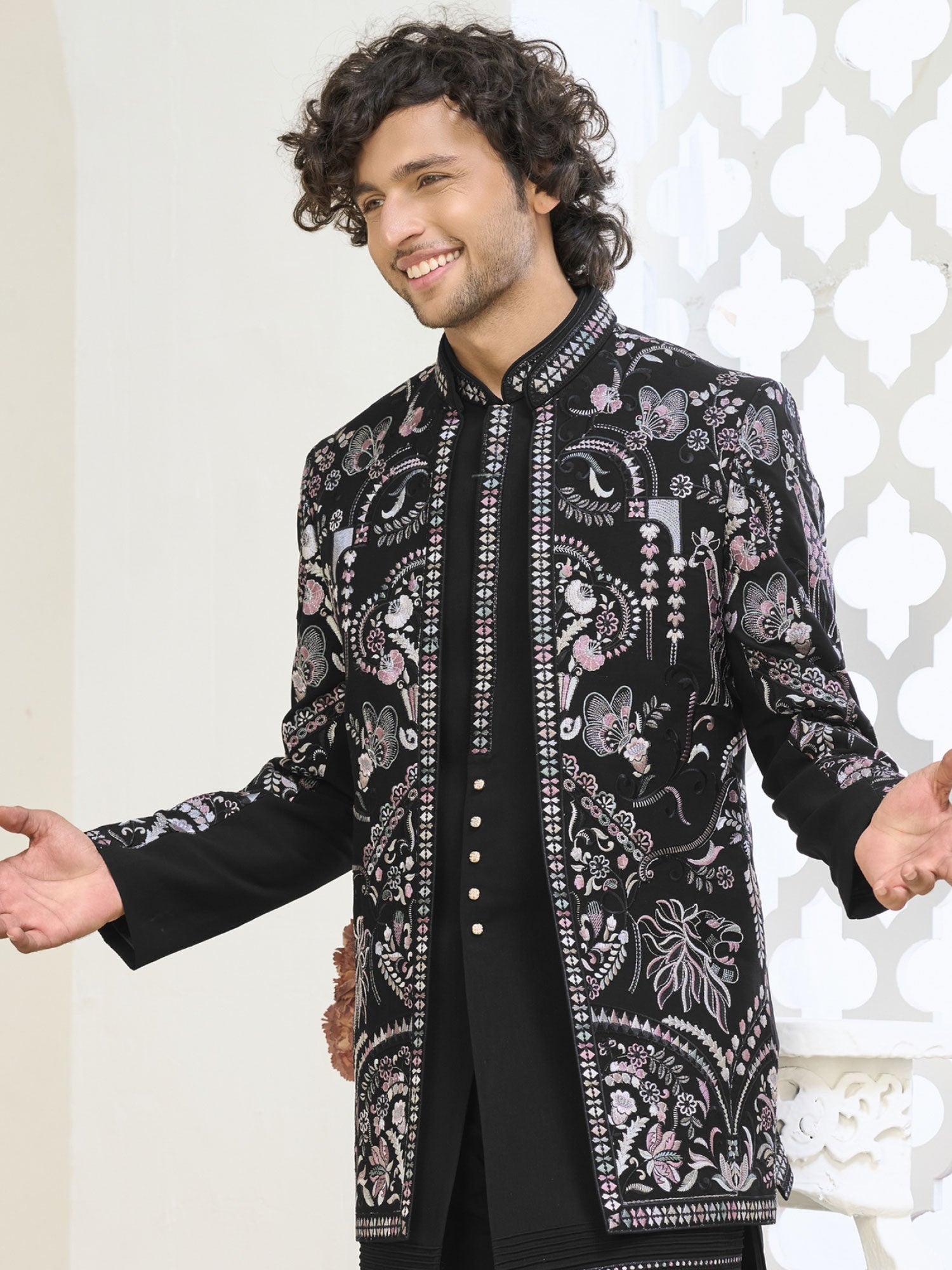 Black Silk Indowestern With Floral Embellishment