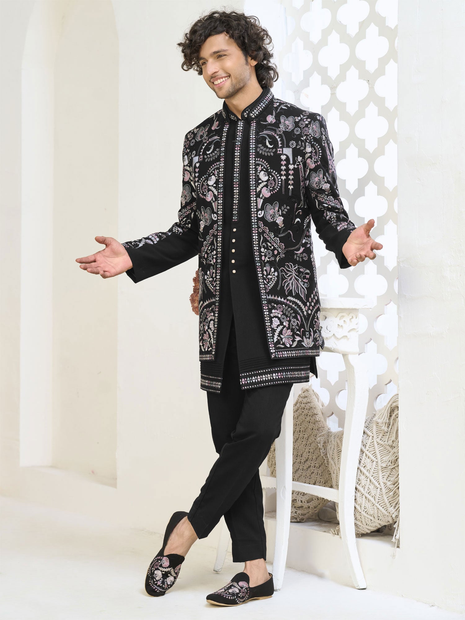 Black Silk Indowestern With Floral Embellishment