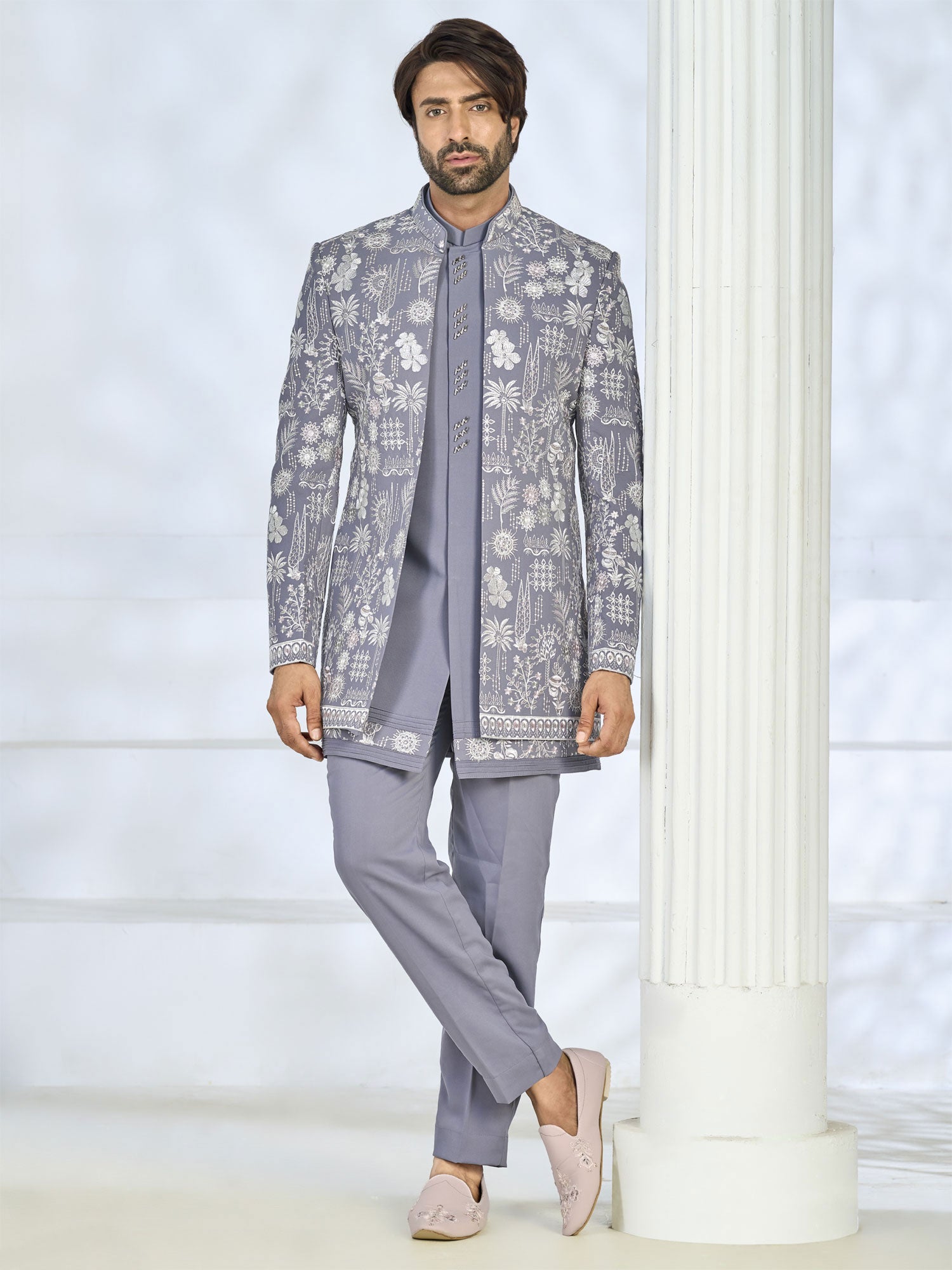 Blue Wedding Indowestern For Mens In Silk
