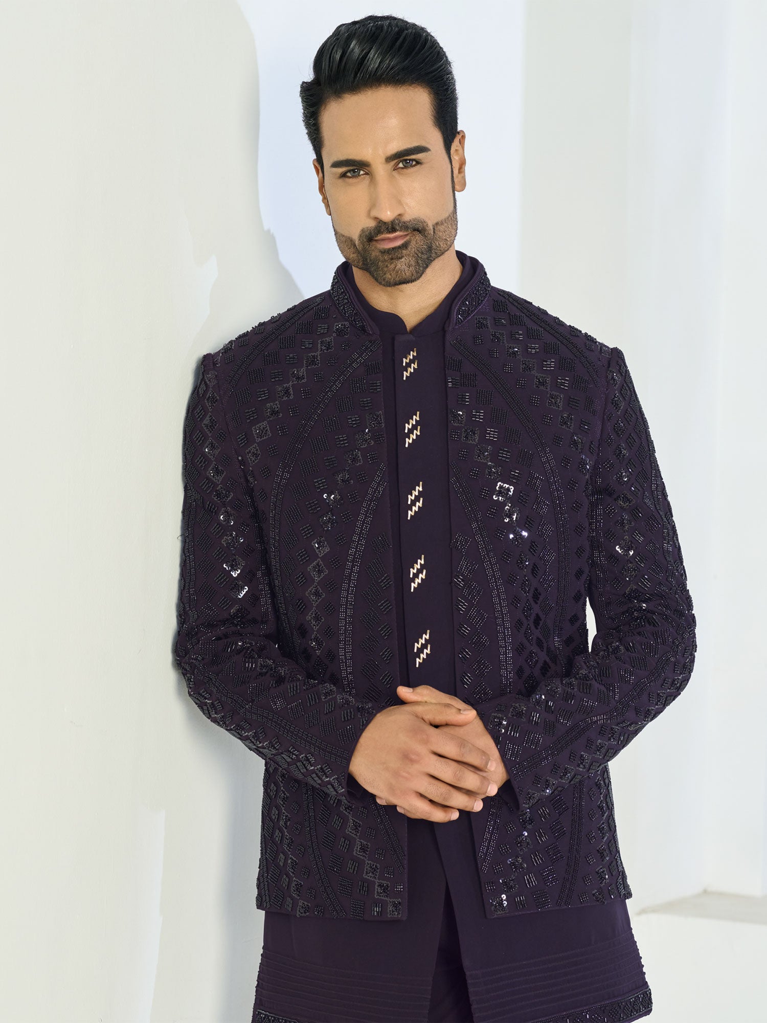 Dark Purple Sequins Work Indowestern With Jacket