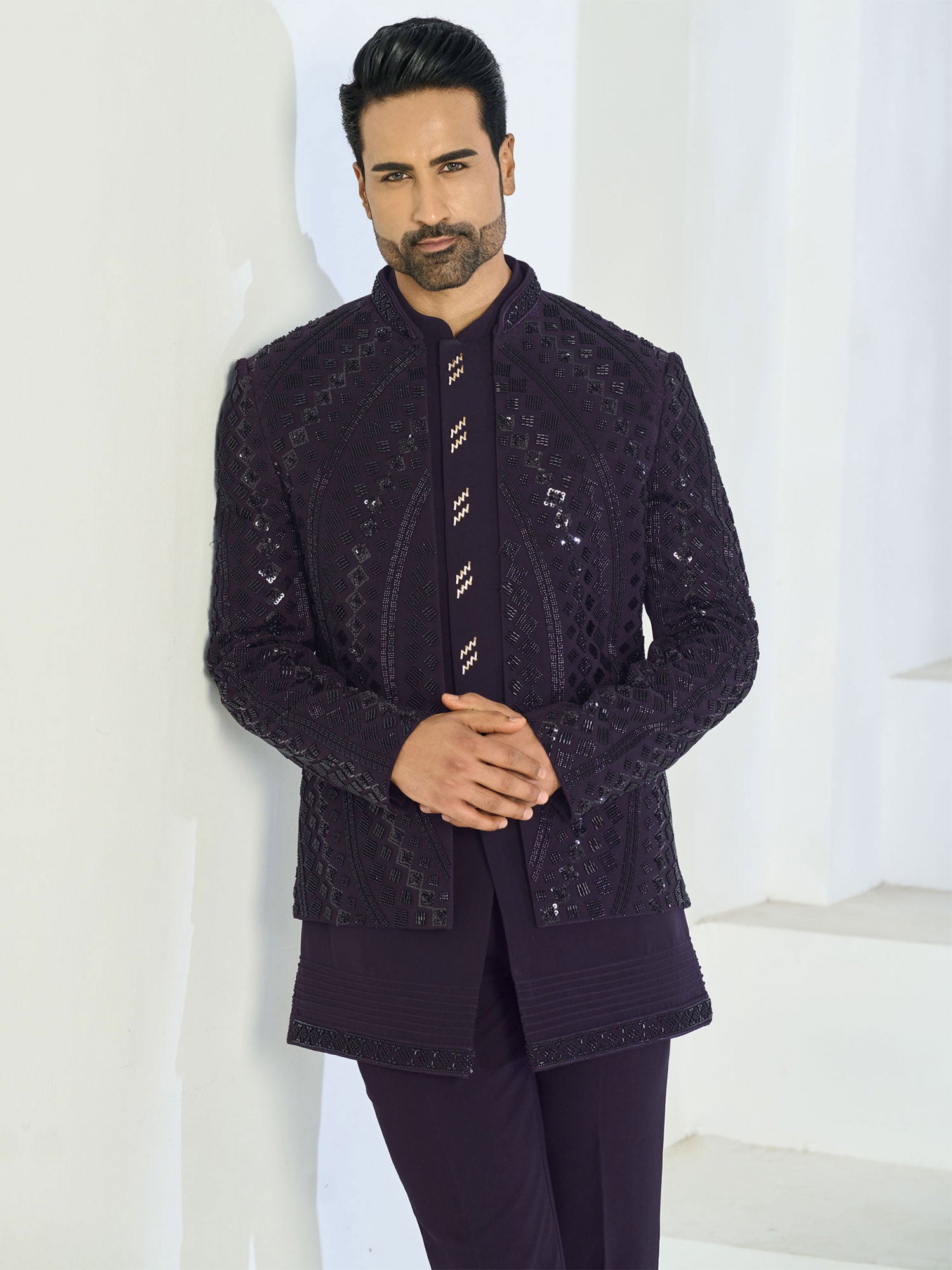 Dark Purple Sequins Work Indowestern With Jacket