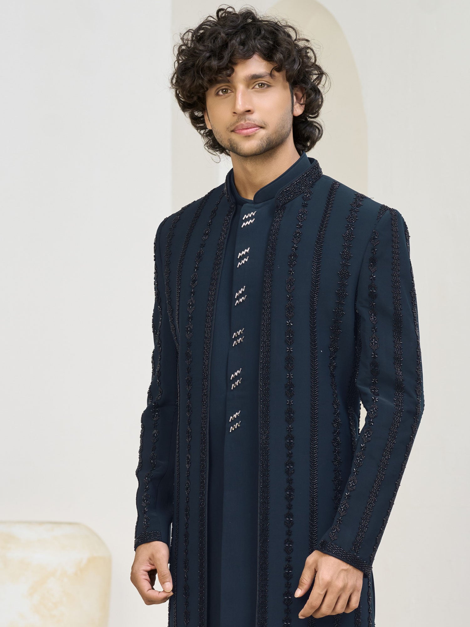 Blue Jacket Style Indowestern In Heavy Embroidery