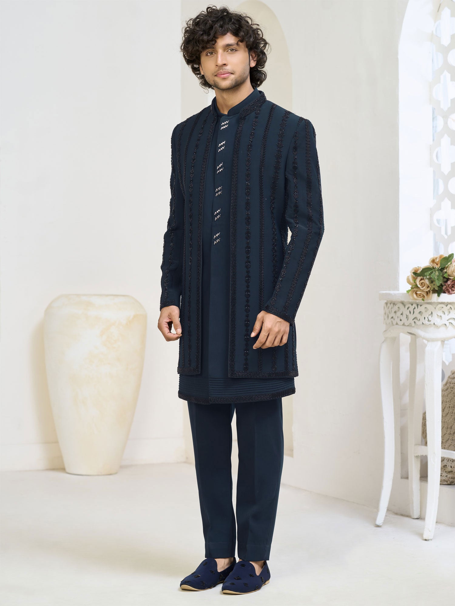Blue Jacket Style Indowestern In Heavy Embroidery