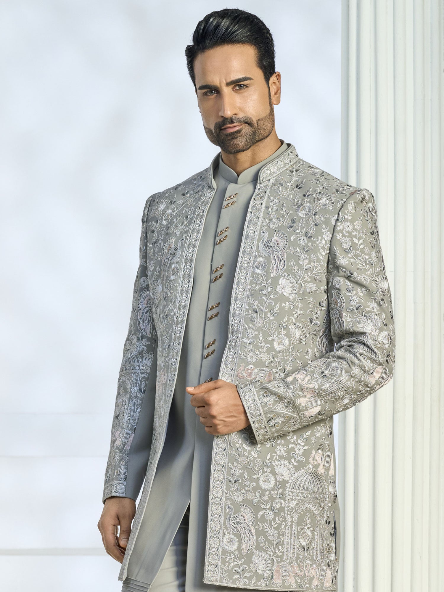 Grey Floral Thread Work Embroidered Indowestern
