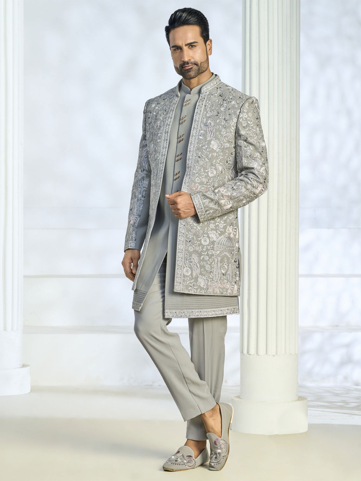 Grey Floral Thread Work Embroidered Indowestern