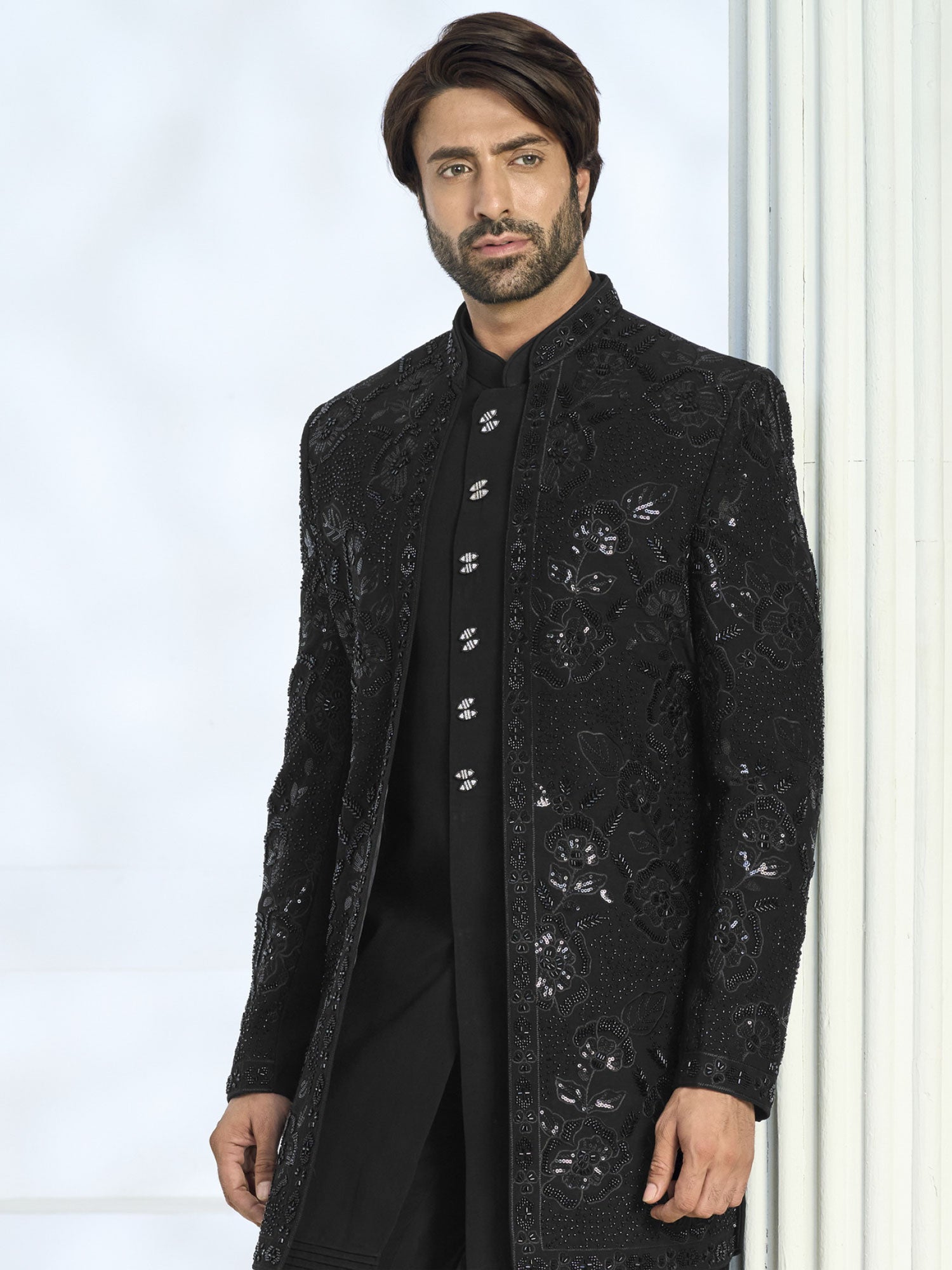 Black Sequins Work Indowestern Wth Jacket