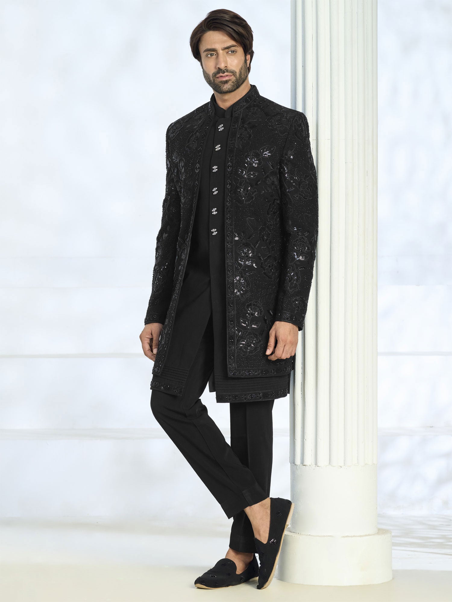 Black Sequins Work Indowestern Wth Jacket