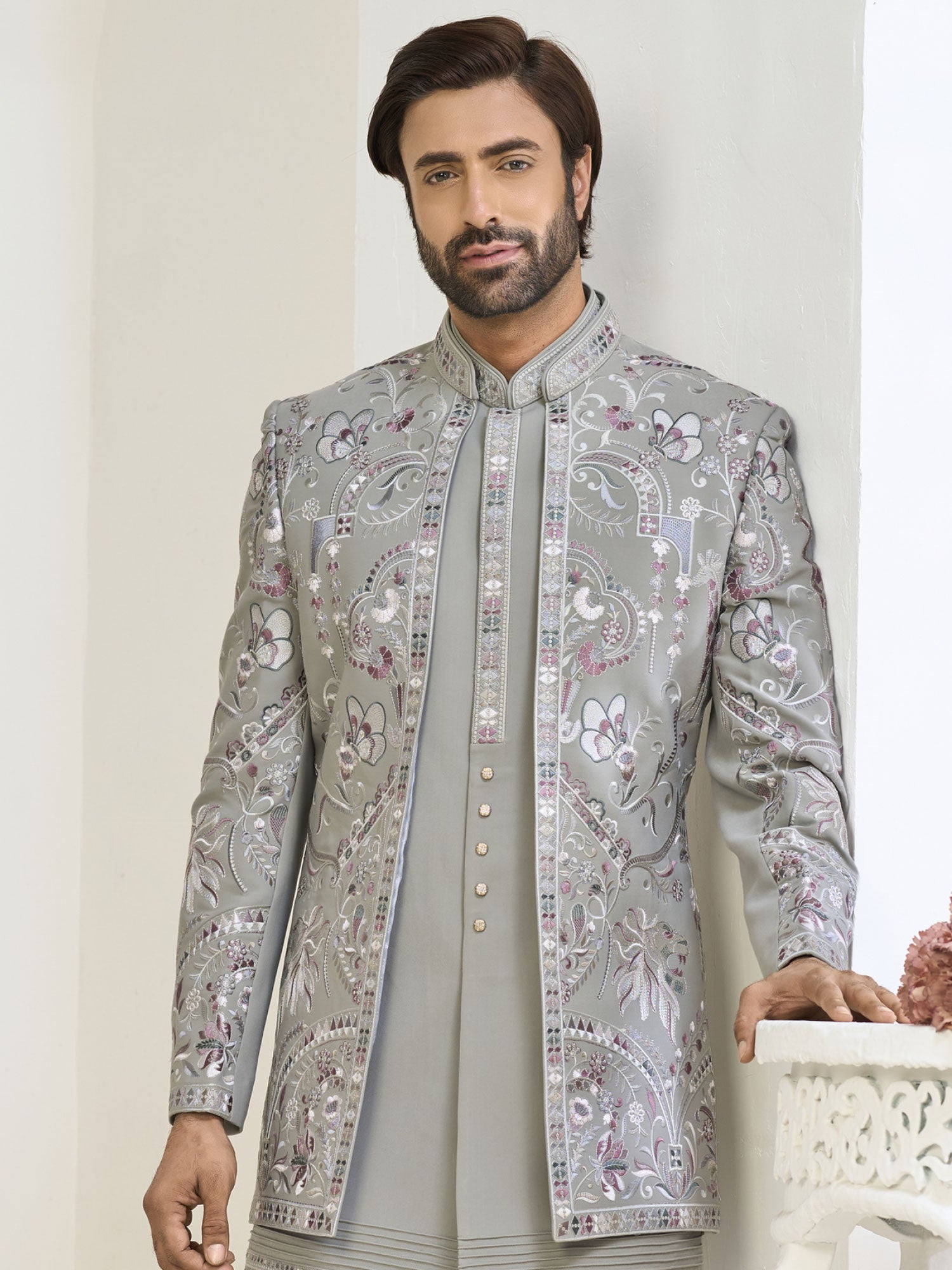 Grey Embroidered Jacket Style Indo Western
