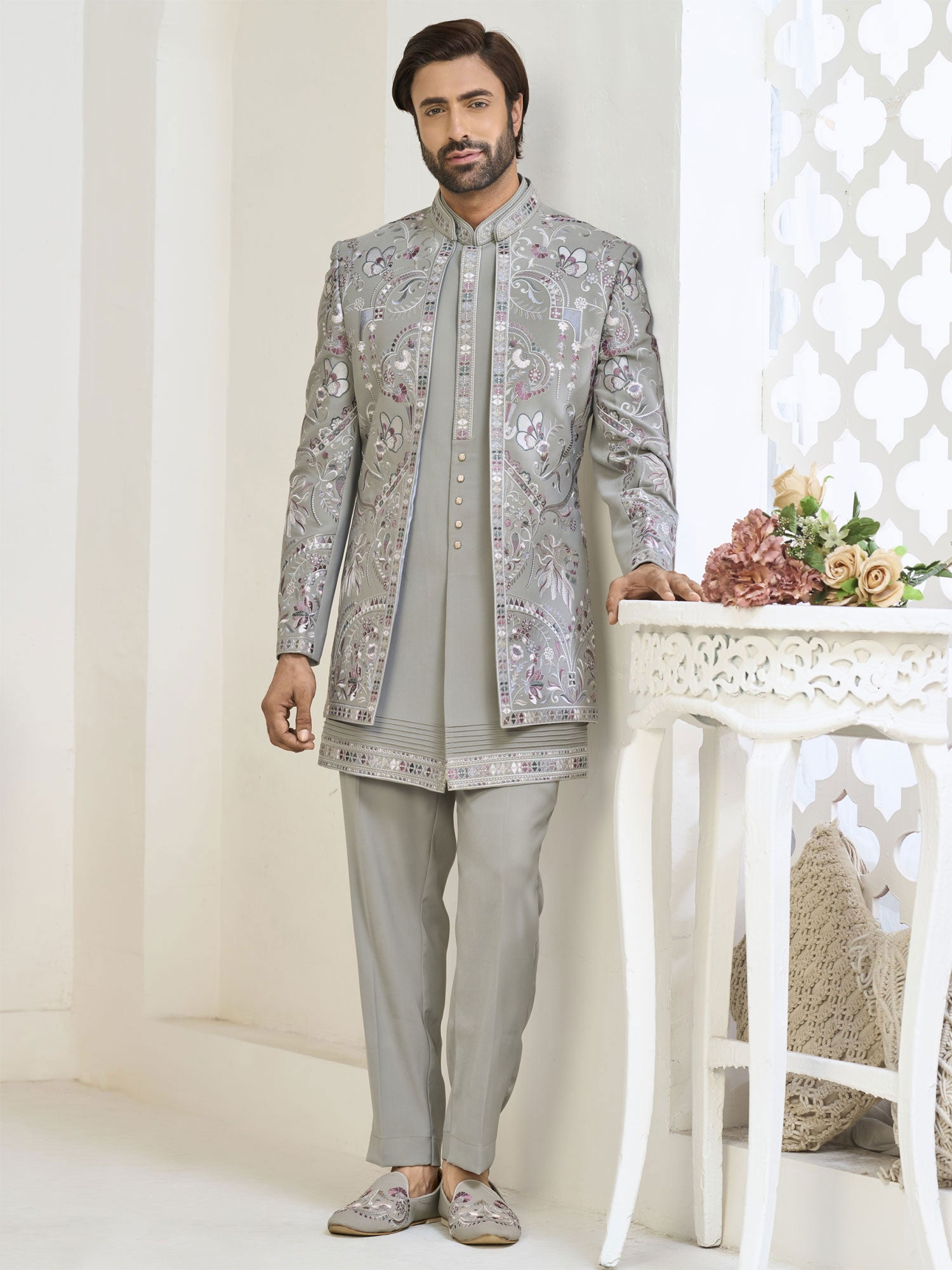 Grey Embroidered Jacket Style Indo Western