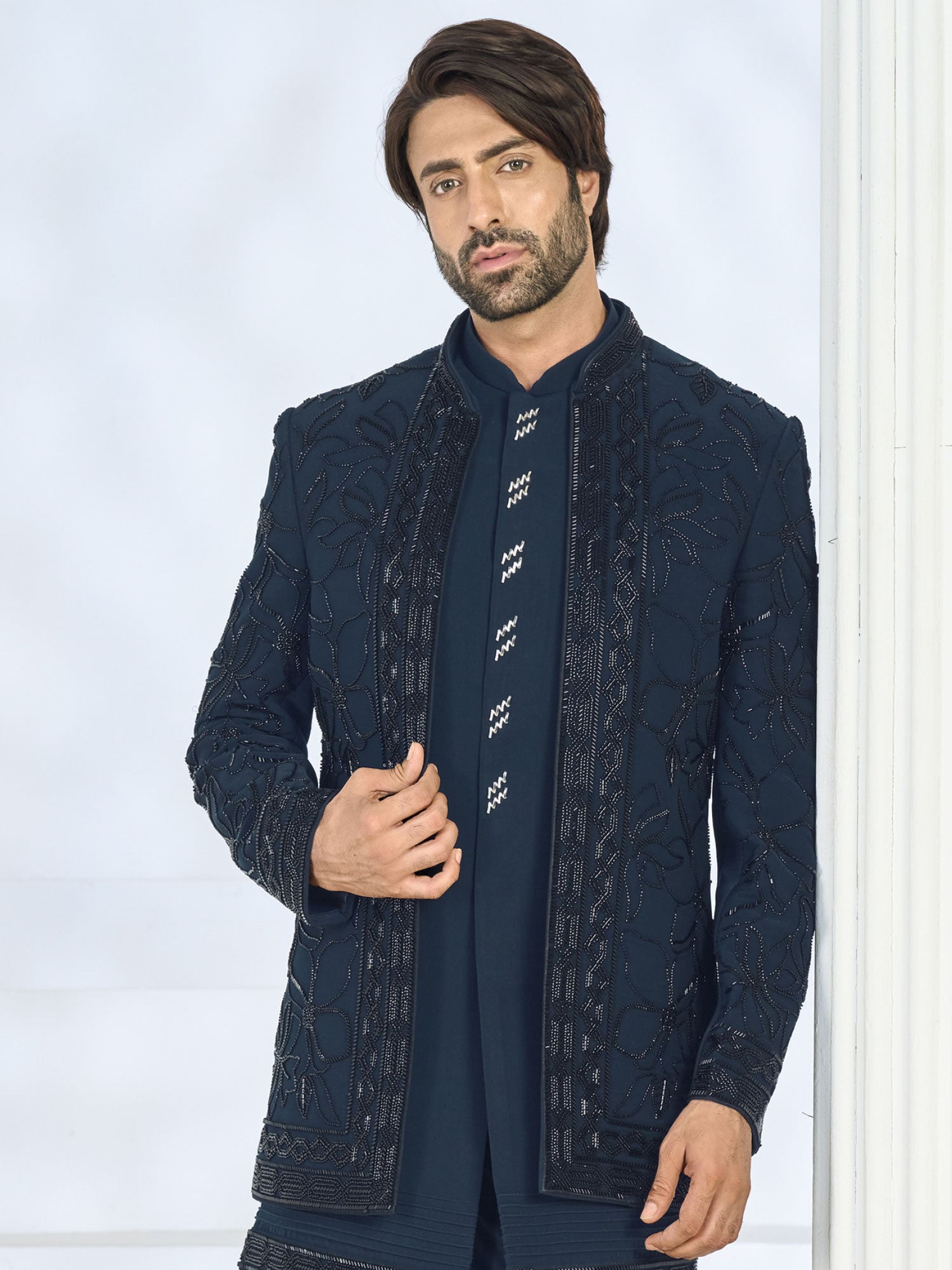 Teal Blue Men's Indo Western In Hand Work
