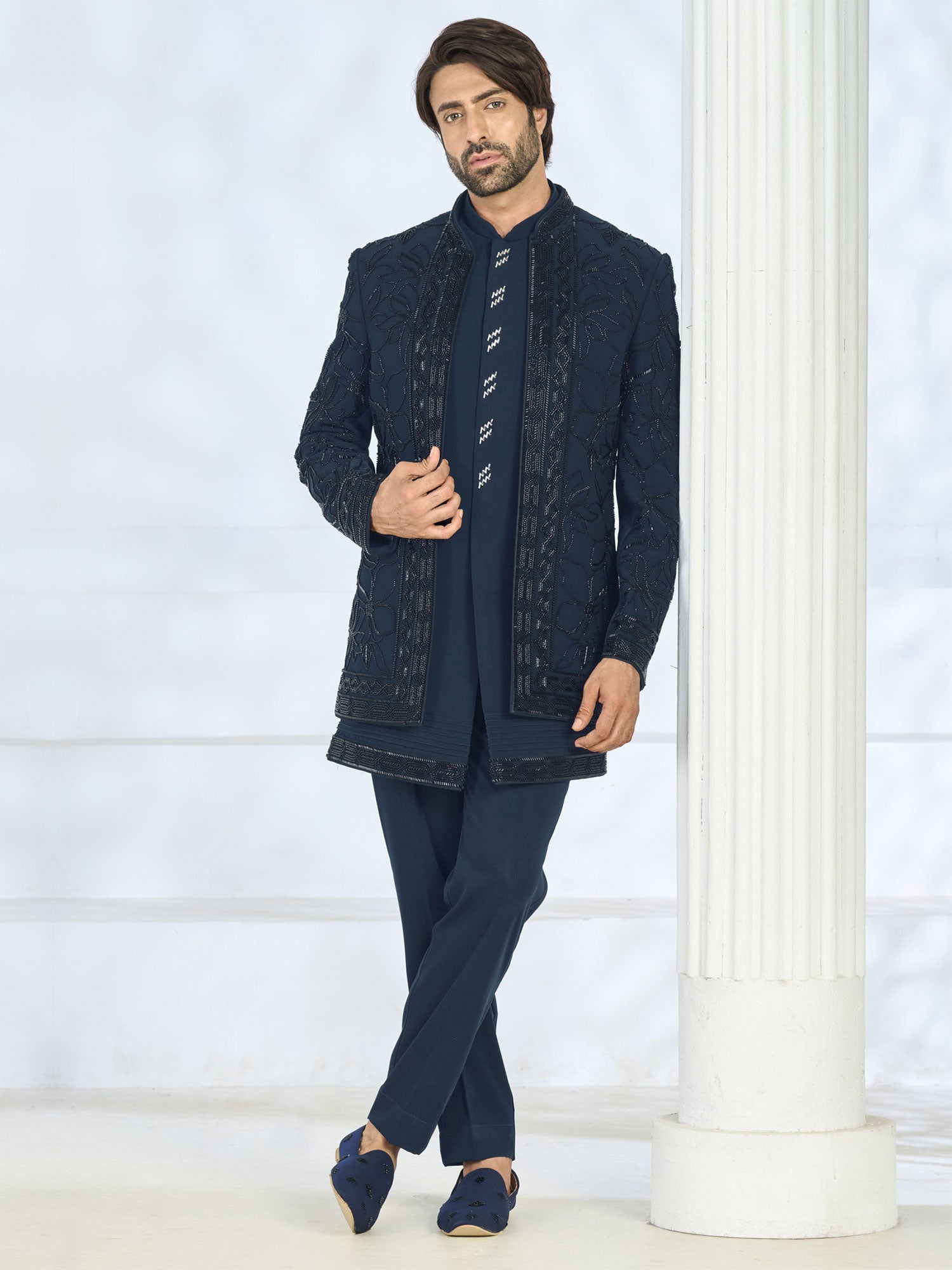 Teal Blue Men's Indo Western In Hand Work