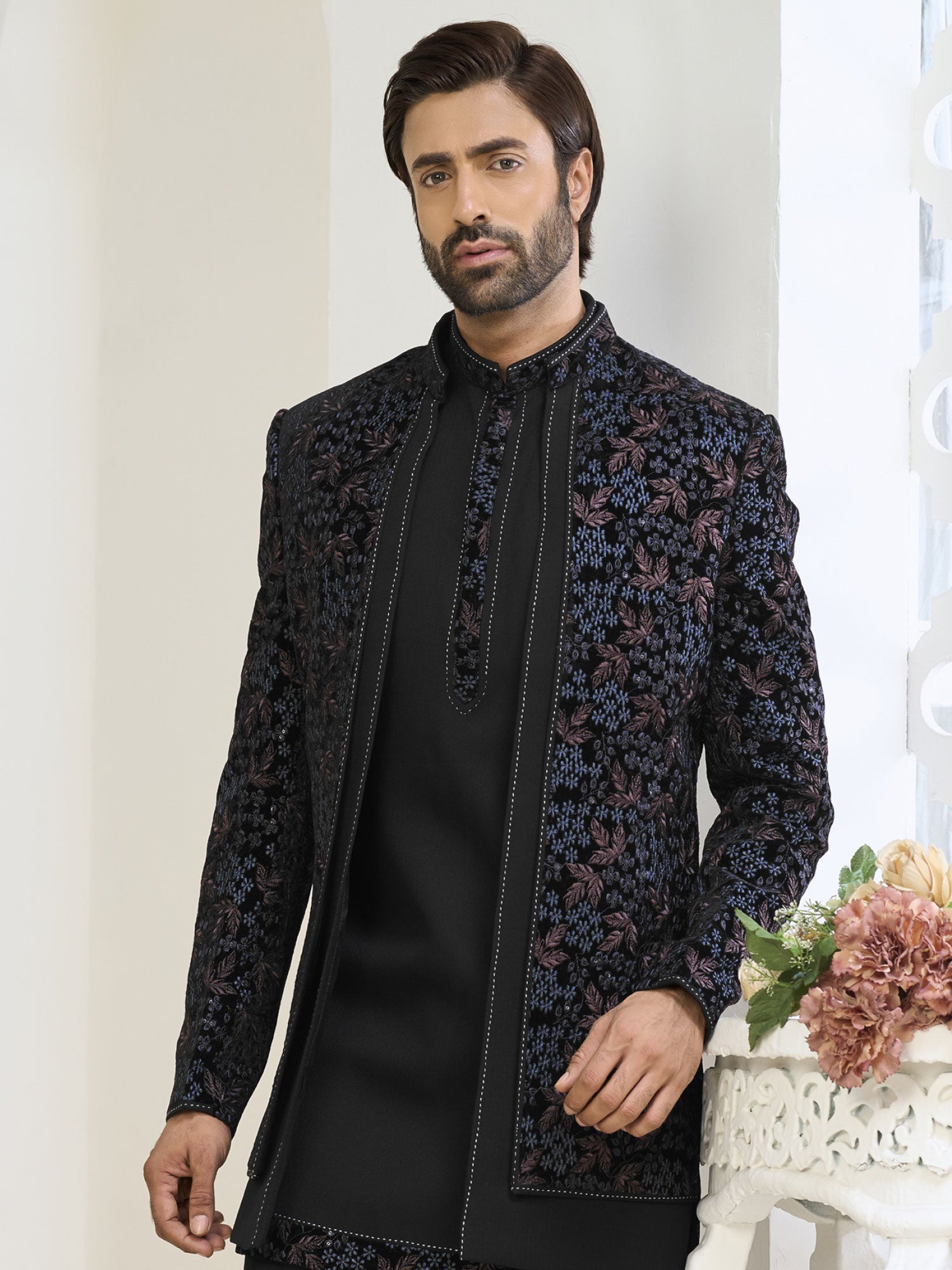 Black Silk Indowestern With Jacket In Floral Work