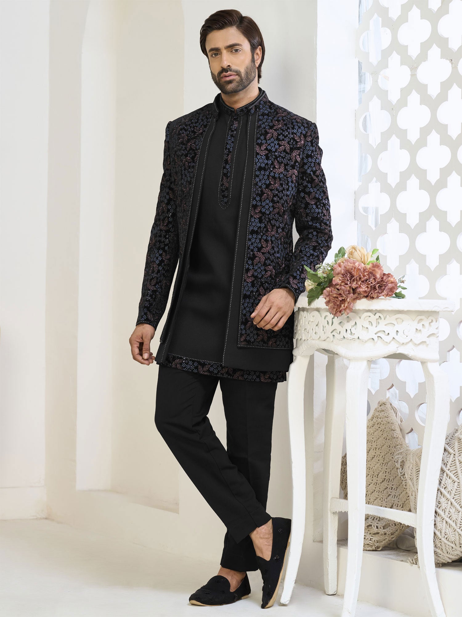 Black Silk Indowestern With Jacket In Floral Work