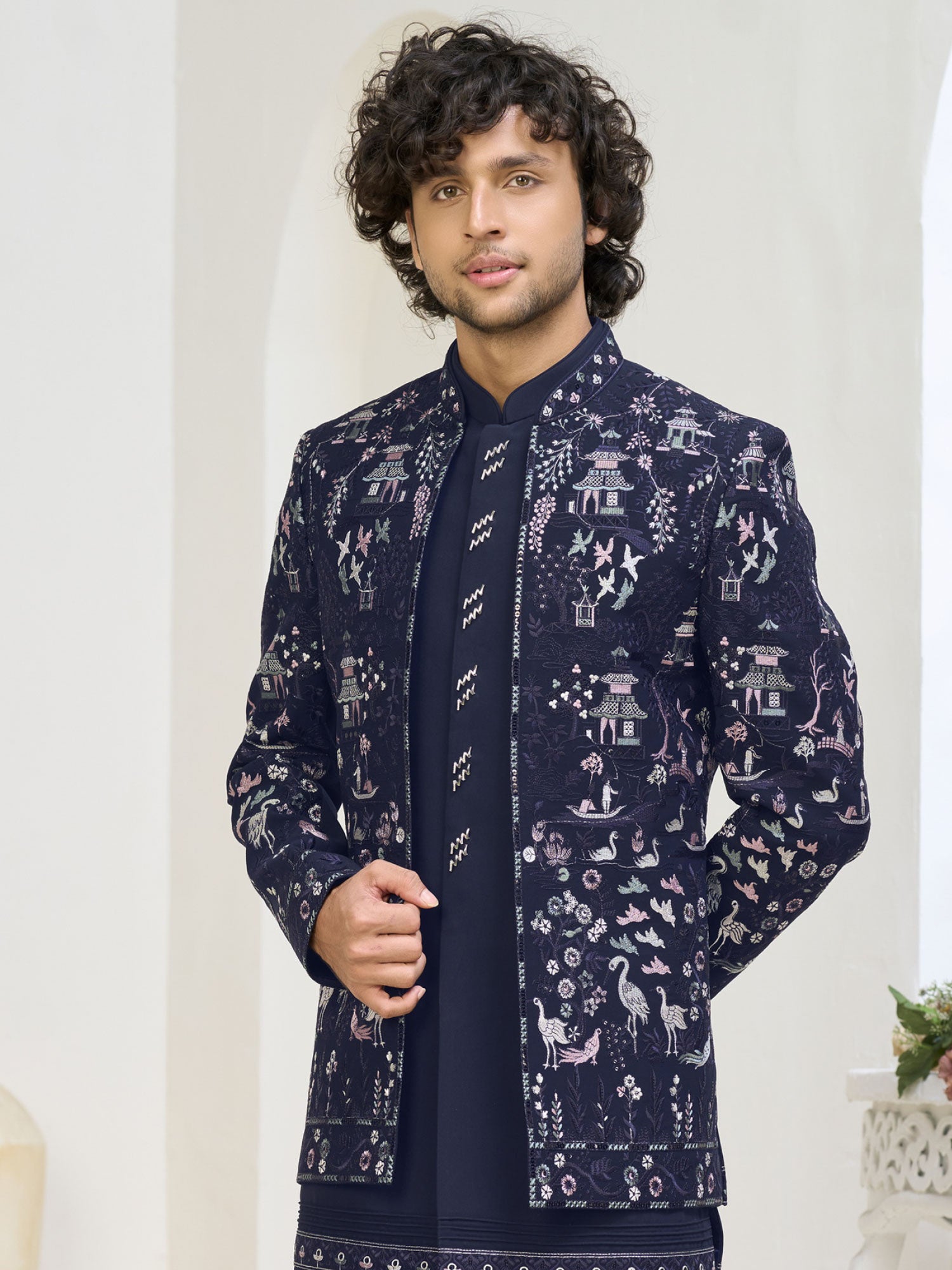 Blue Men's Indo Western In Floral Thread Work