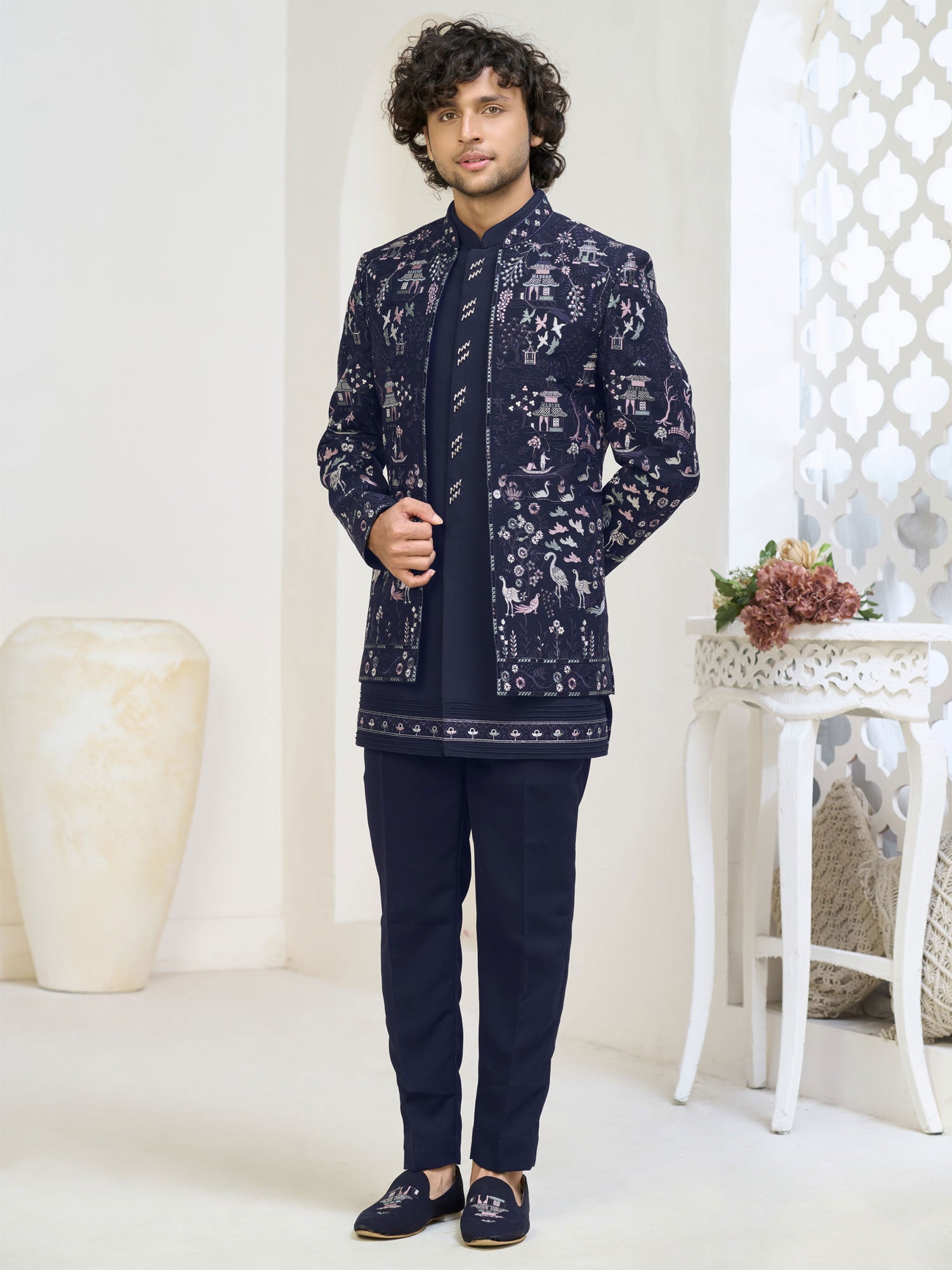 Blue Men's Indo Western In Floral Thread Work