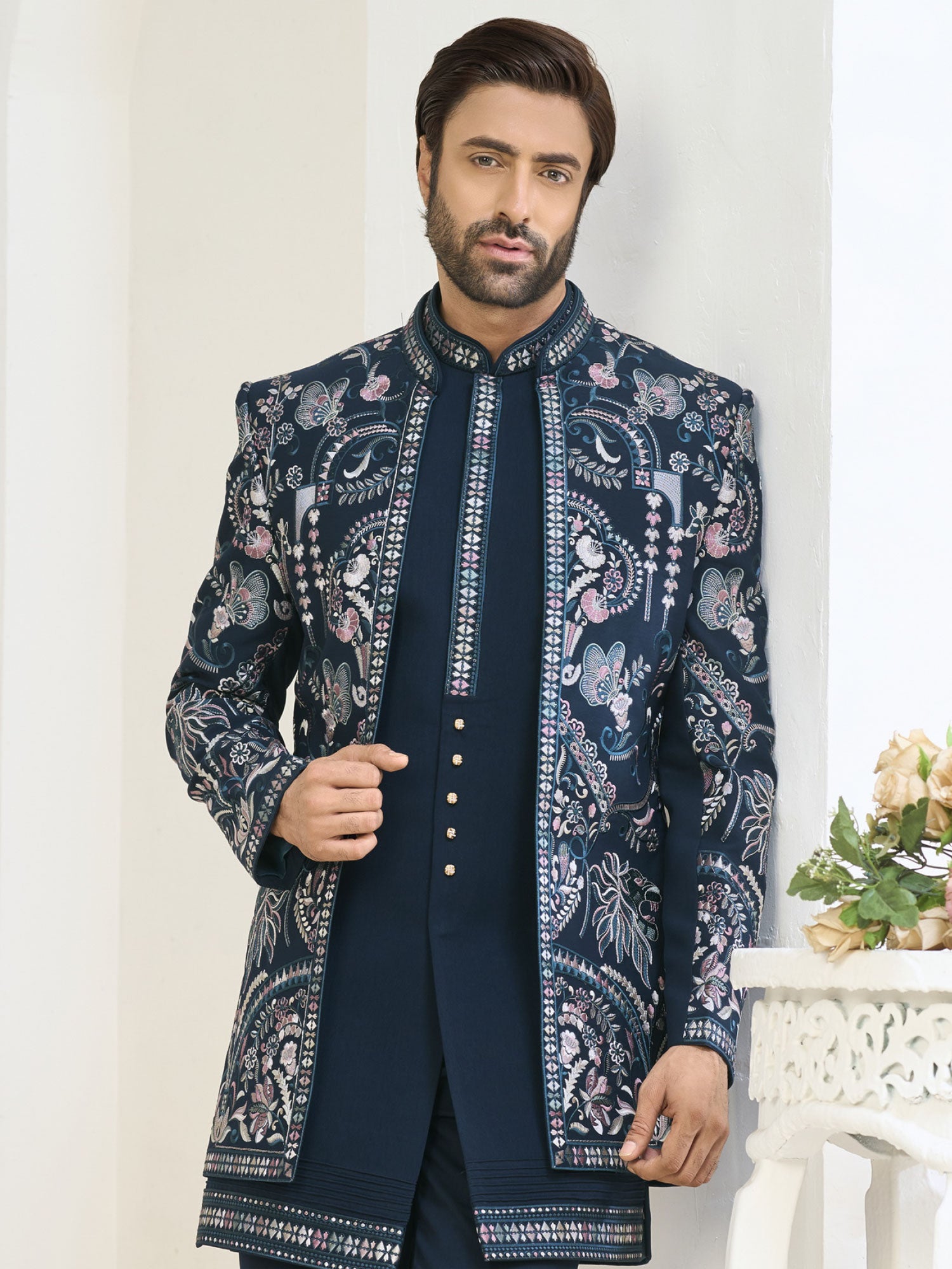 Green Menswear Wedding Indowestern In Thread Work