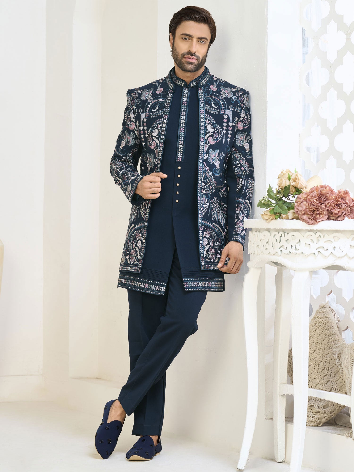 Green Menswear Wedding Indowestern In Thread Work
